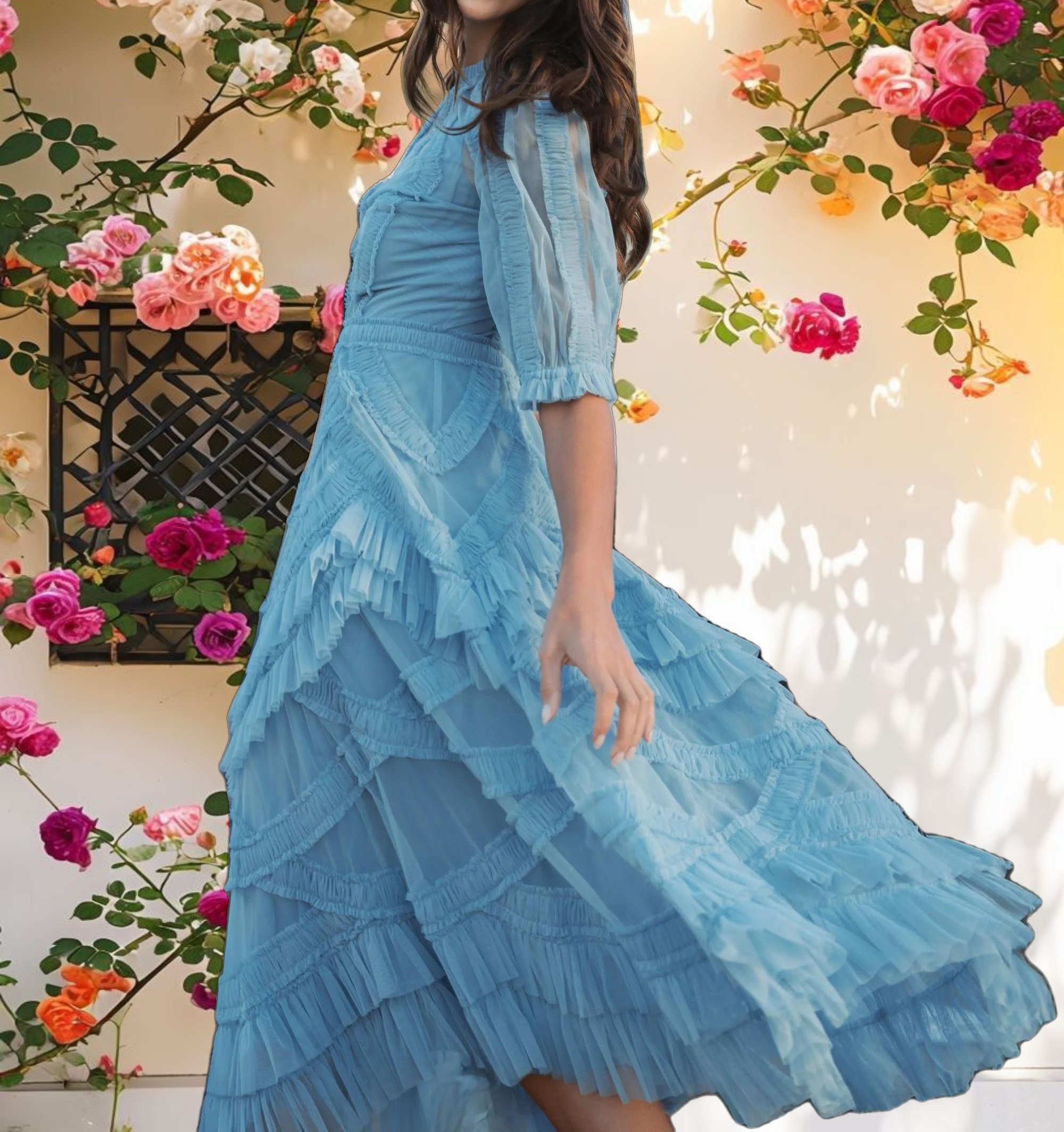 Blue High Neck Micro Ruffle Tiered Midi Dress