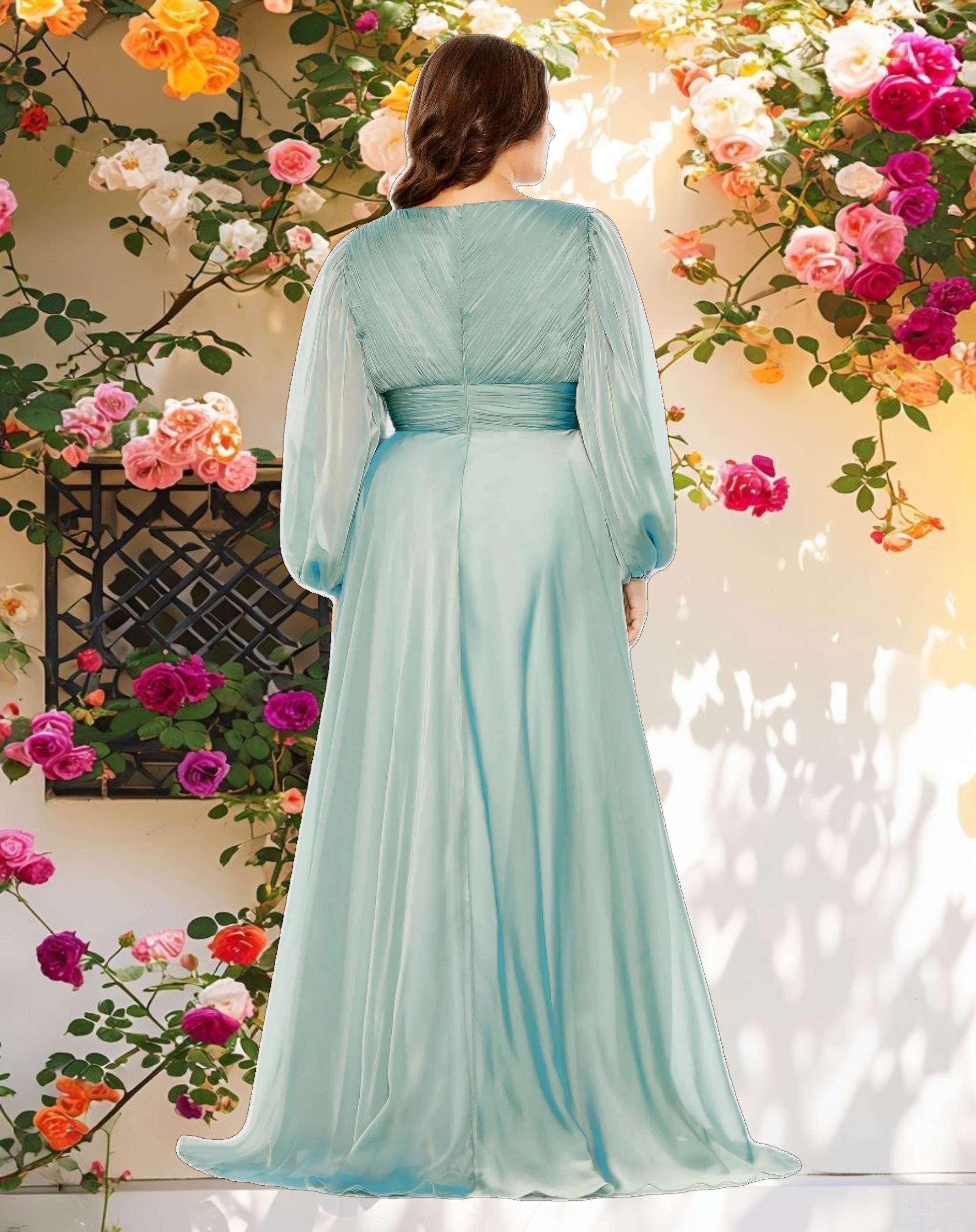 Ethereal Puff Sleeve w/ Embellished Cuff V Neck Gown