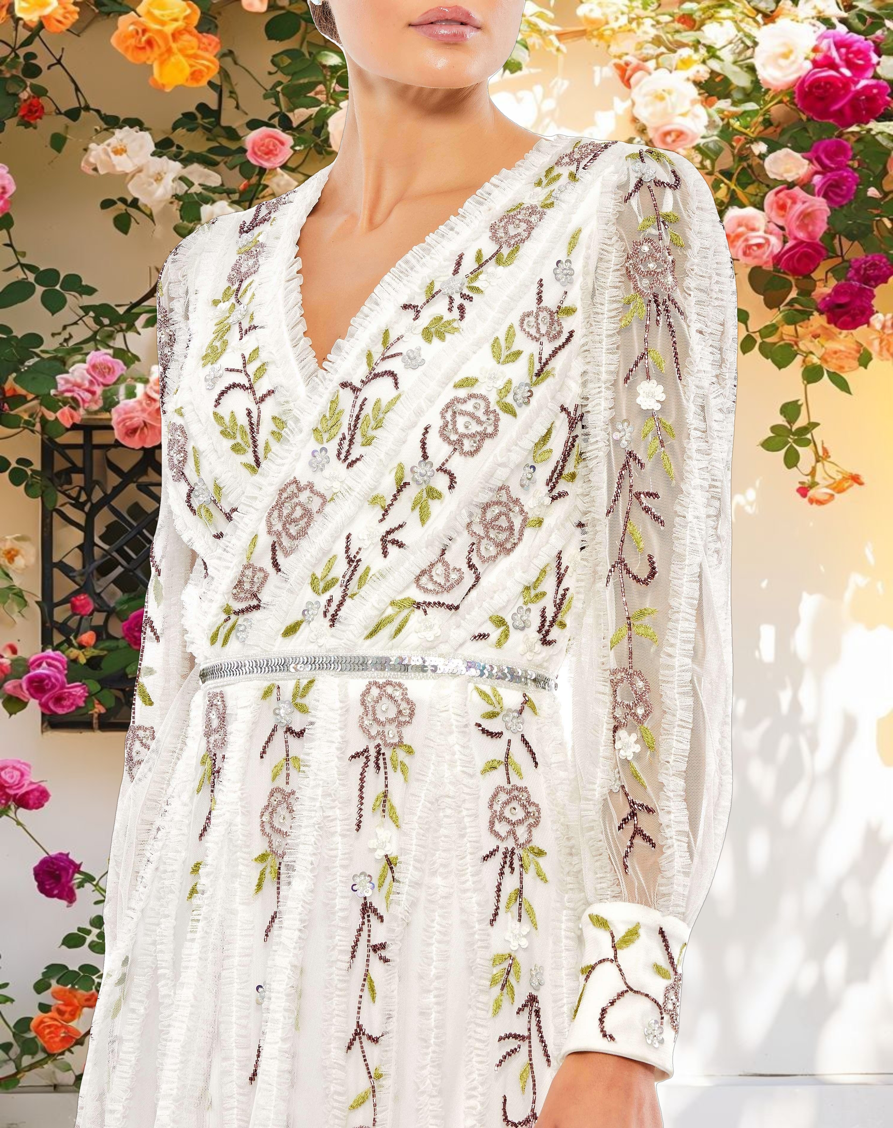 White Long Sleeve Embroidered Wrap Midi Dress
