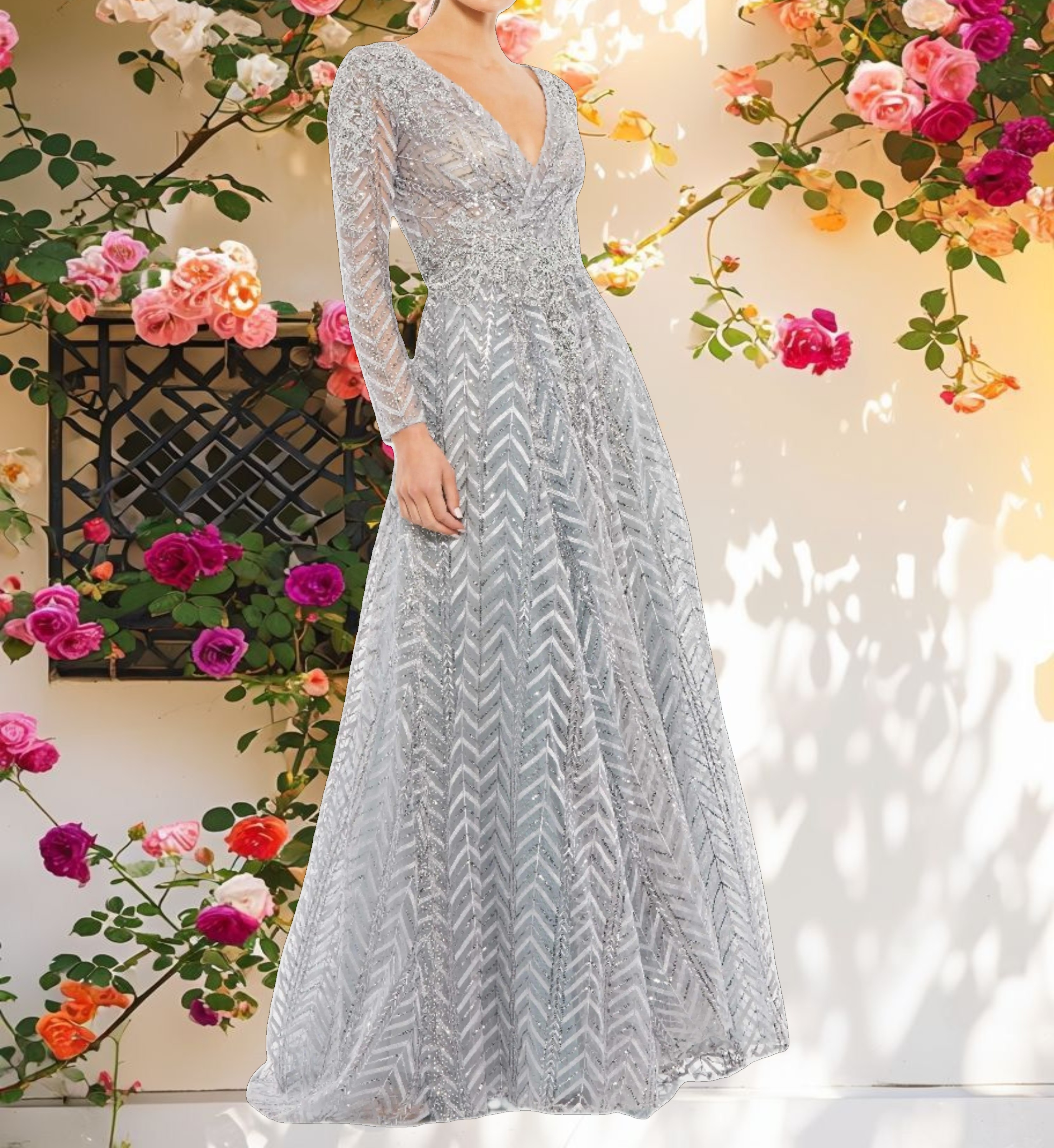Embellished Illusion Long Sleeve Wrap Over A Line Gown