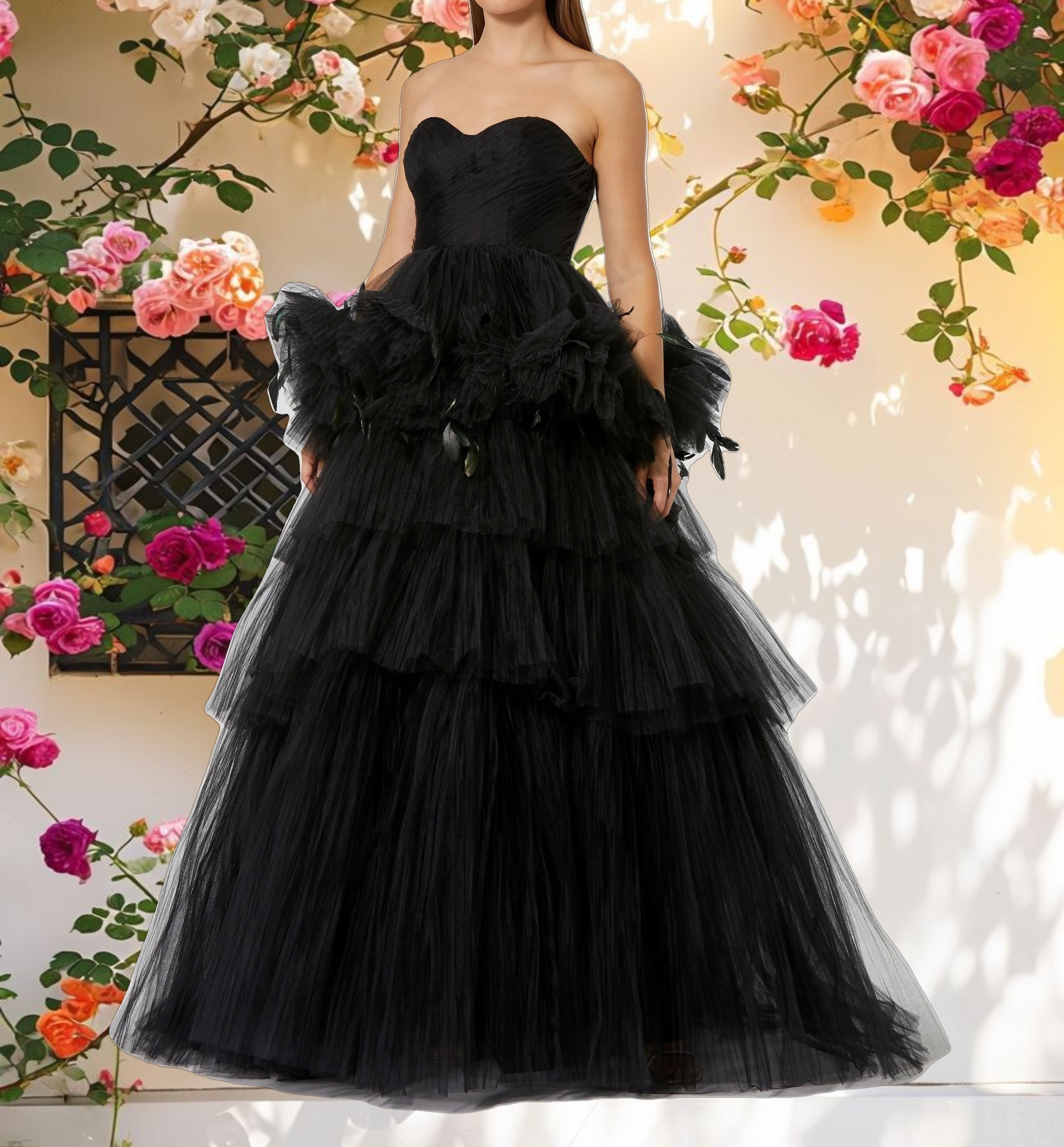 Black Strapless Tulle Gown with Feather Detail