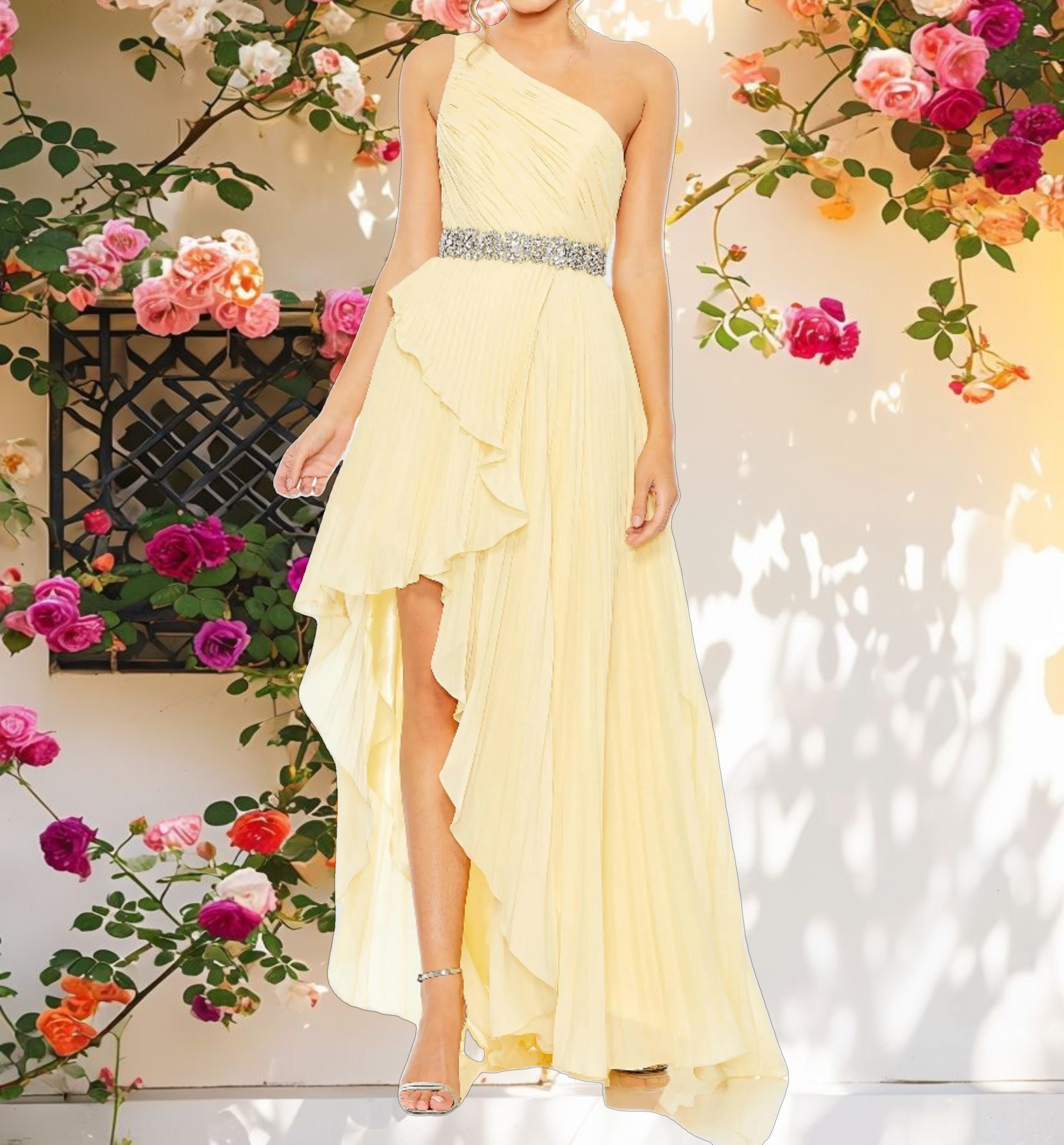 Yellow Pleated One Shoulder Asymmetrical Ruffle Hem Gown