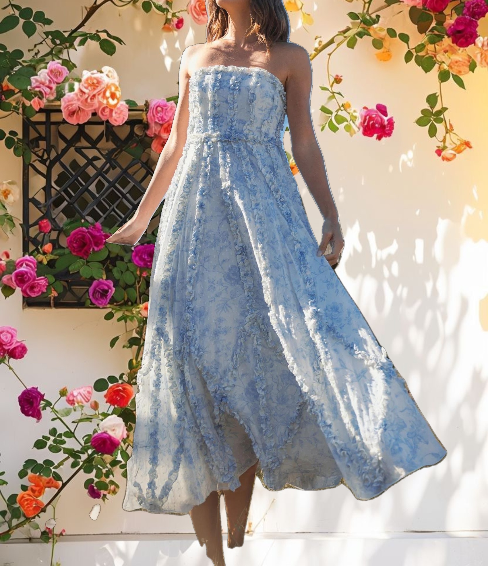 Blue and White Strapless Ruffle Floral Cotton Midi Dress