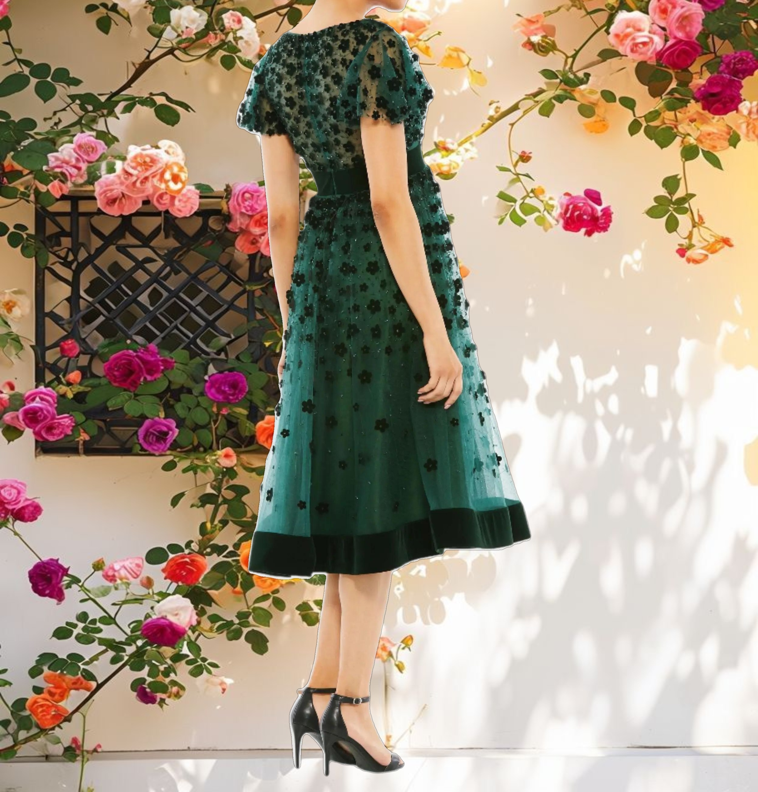 Elegant Velvet Butterfly Sleeve Midi Dress
