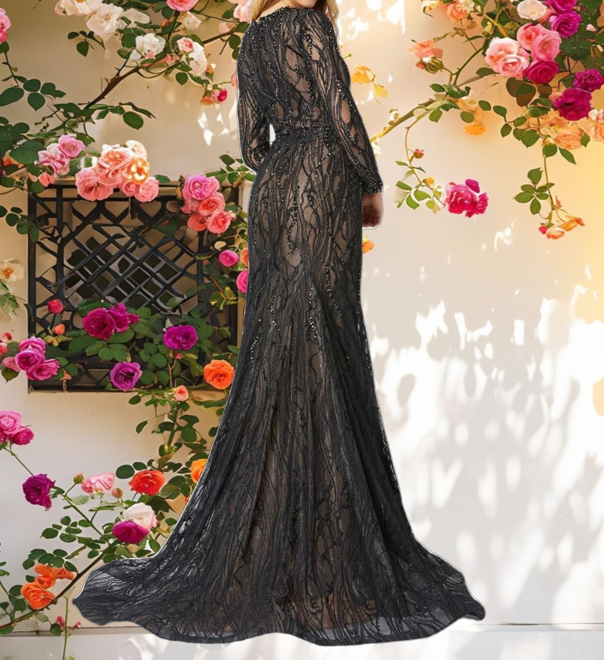 Glossy Beaded Fantasy Long Sleeve Dress