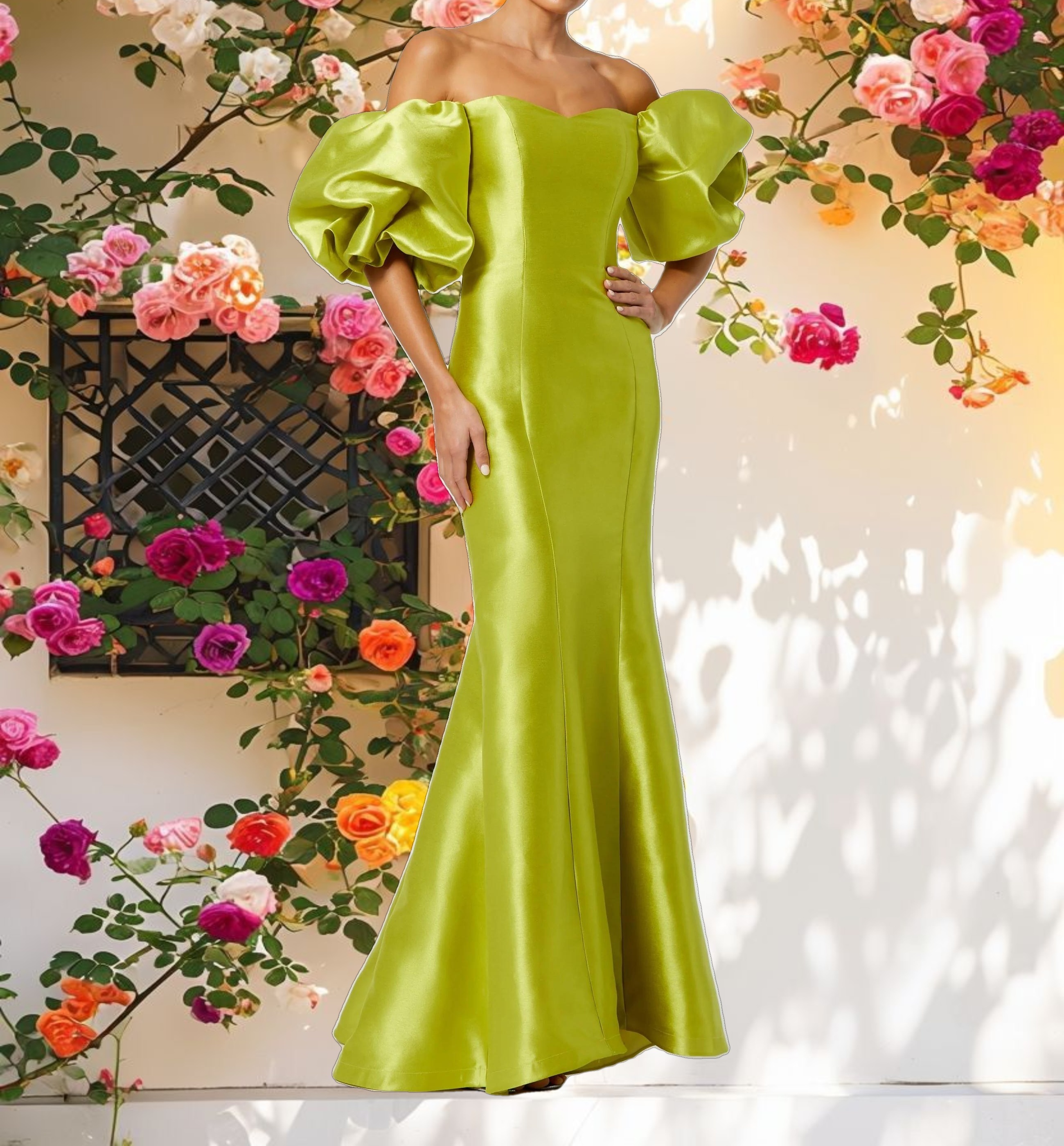 Green Sweetheart Off The Shoulder Puff Sleeve Gown