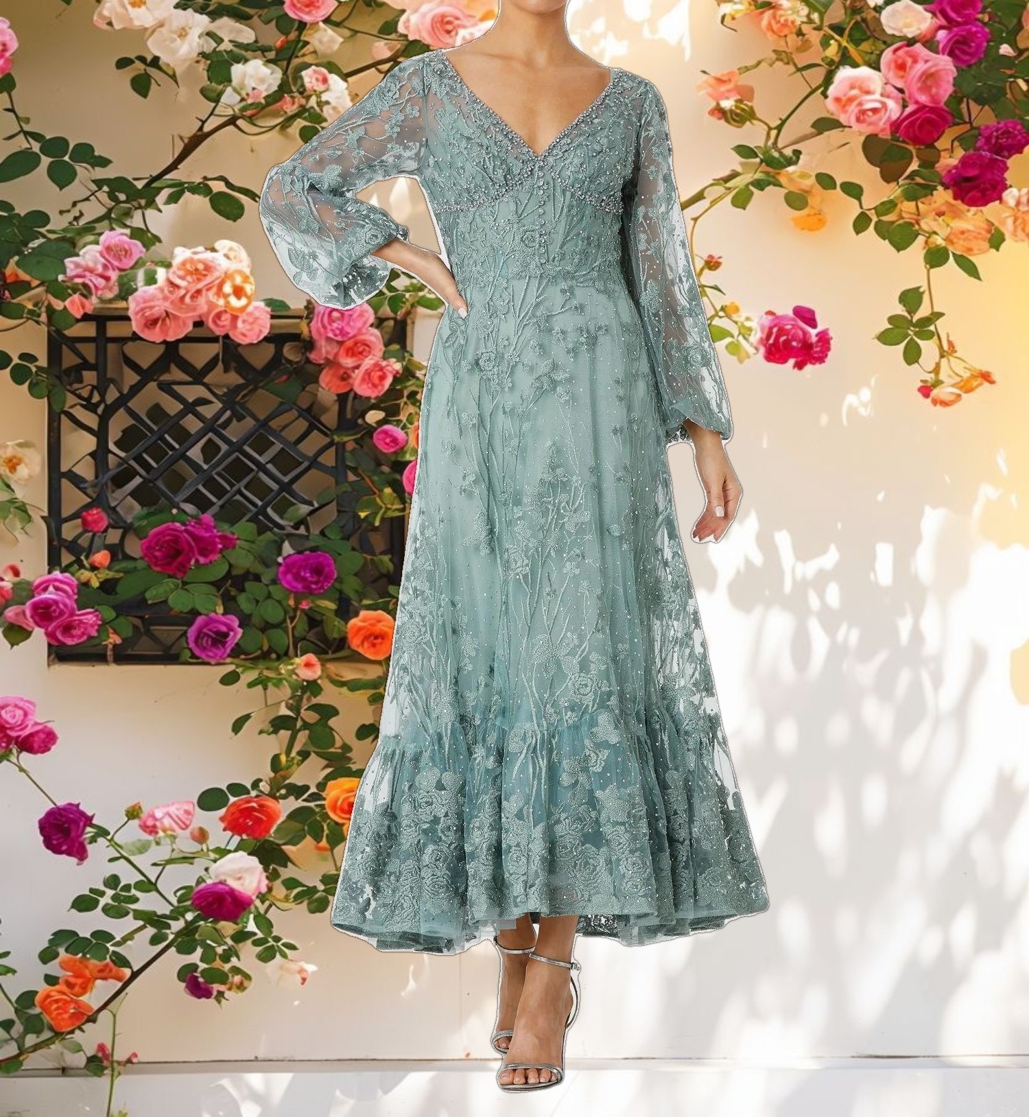 V Neck Mesh Puff Sleeve A Line Embellished Dress