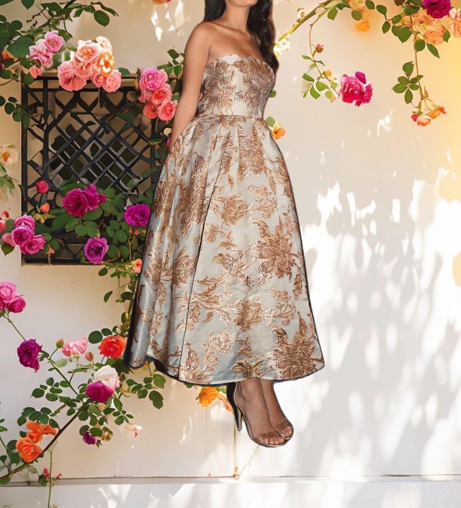 Gold Strapless Brocade Midi Dress with Pockets