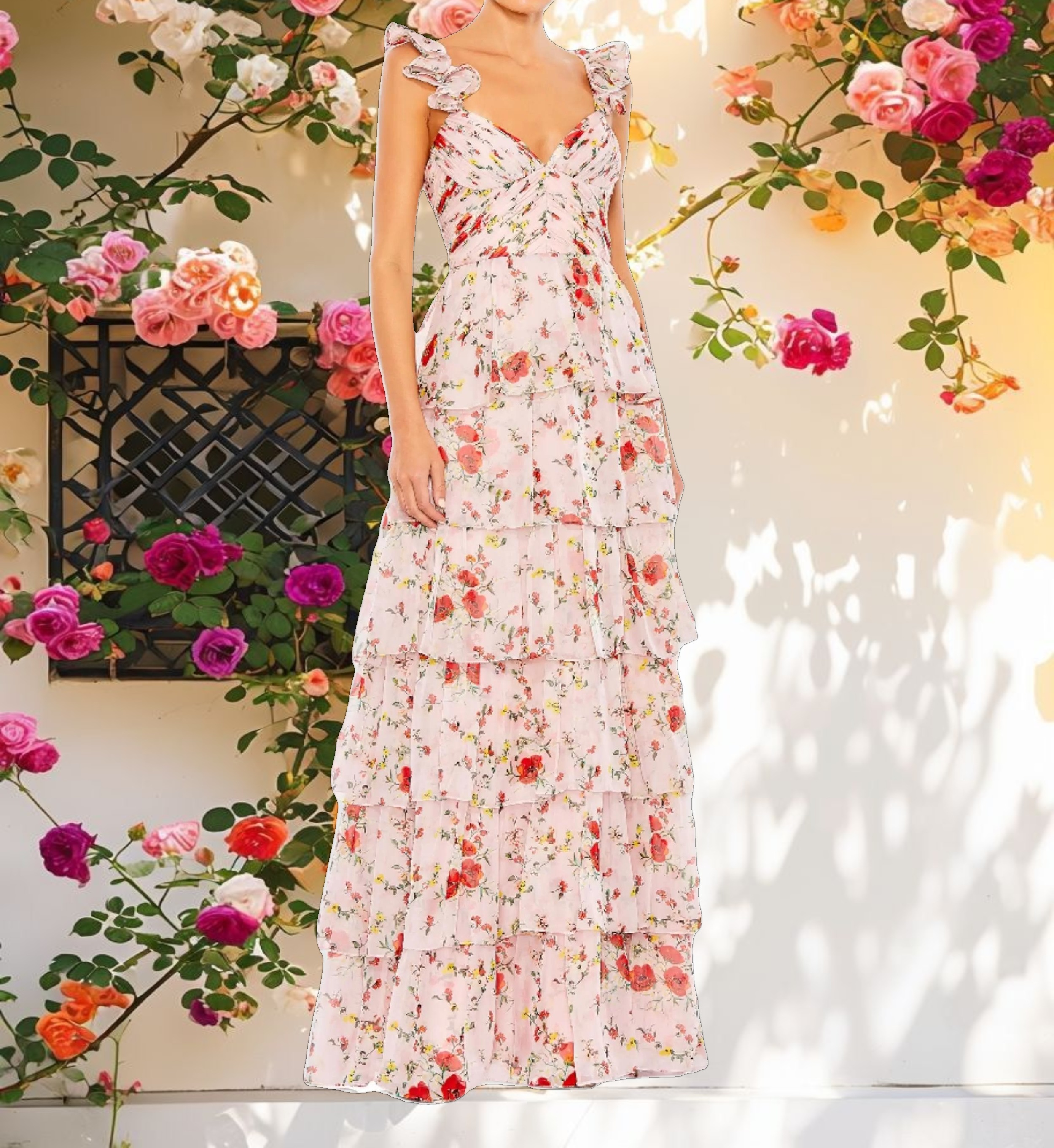 Ruffled Draped Tiered Floral Print Gown