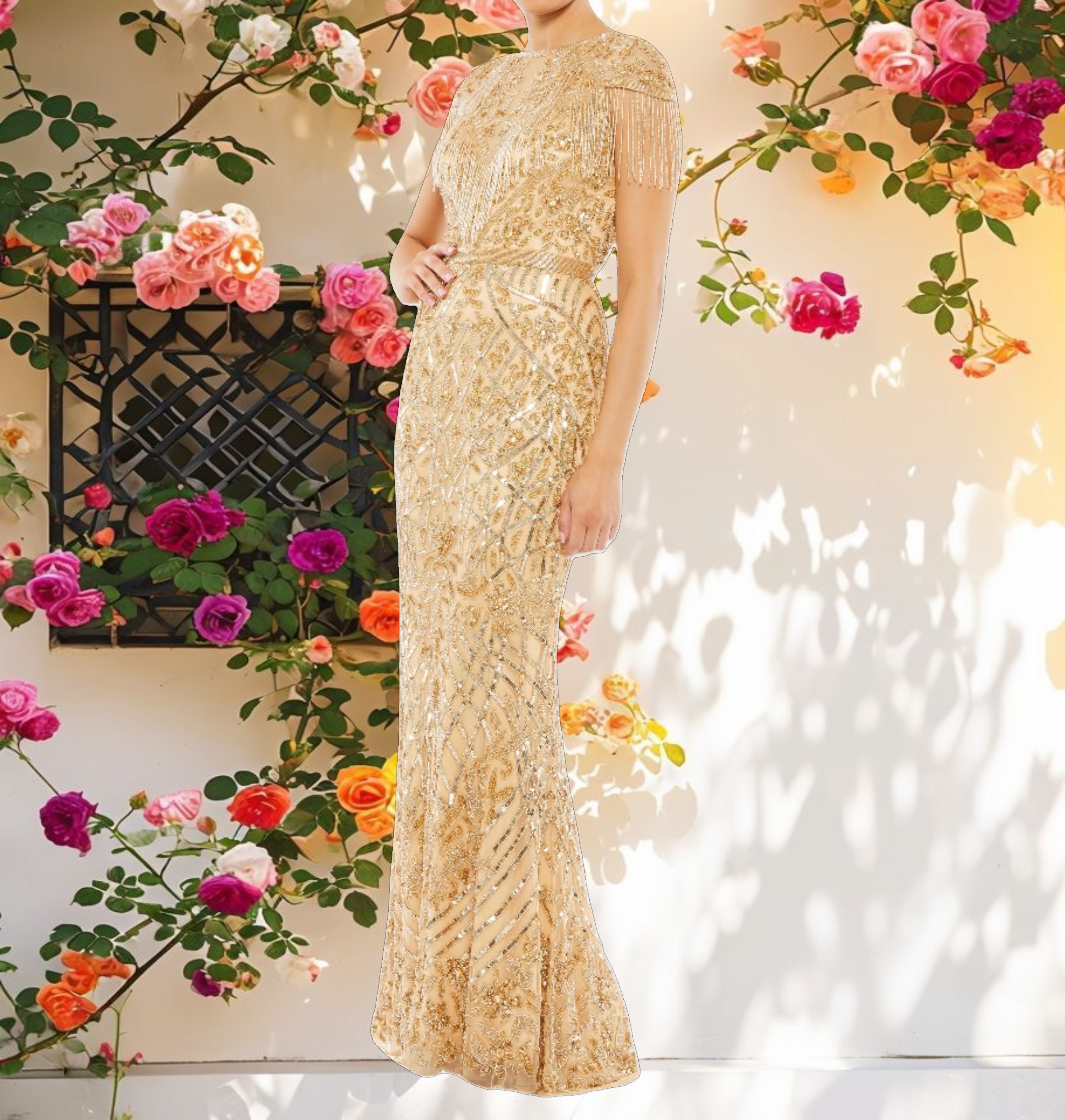 Gold Embellished Fringe Cap Sleeve Trumpet Gown