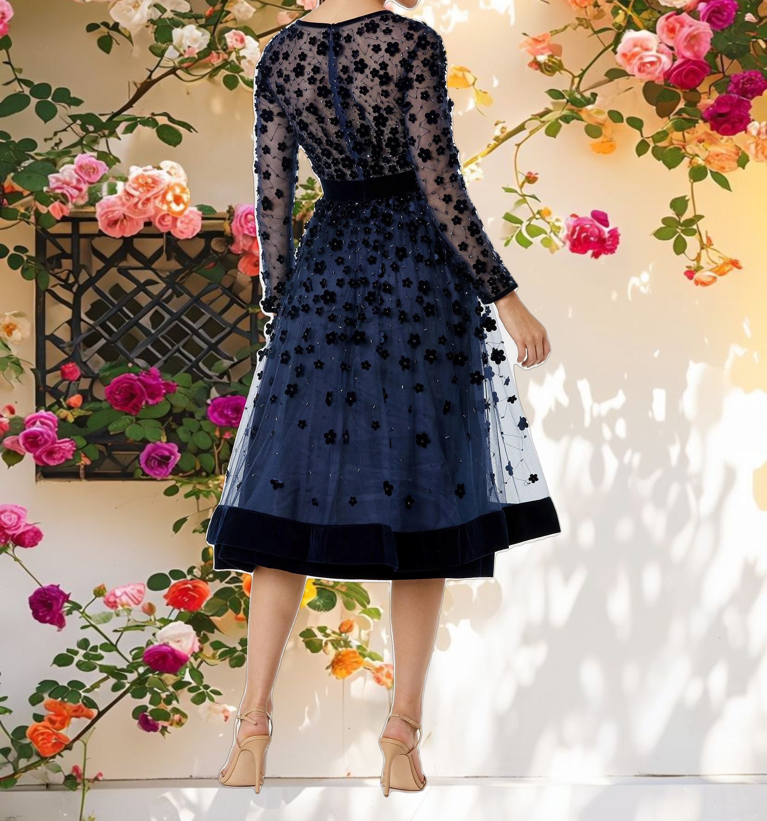 Navy Embellished Illusion High Neck Long Sleeve Fit & Flare Dress