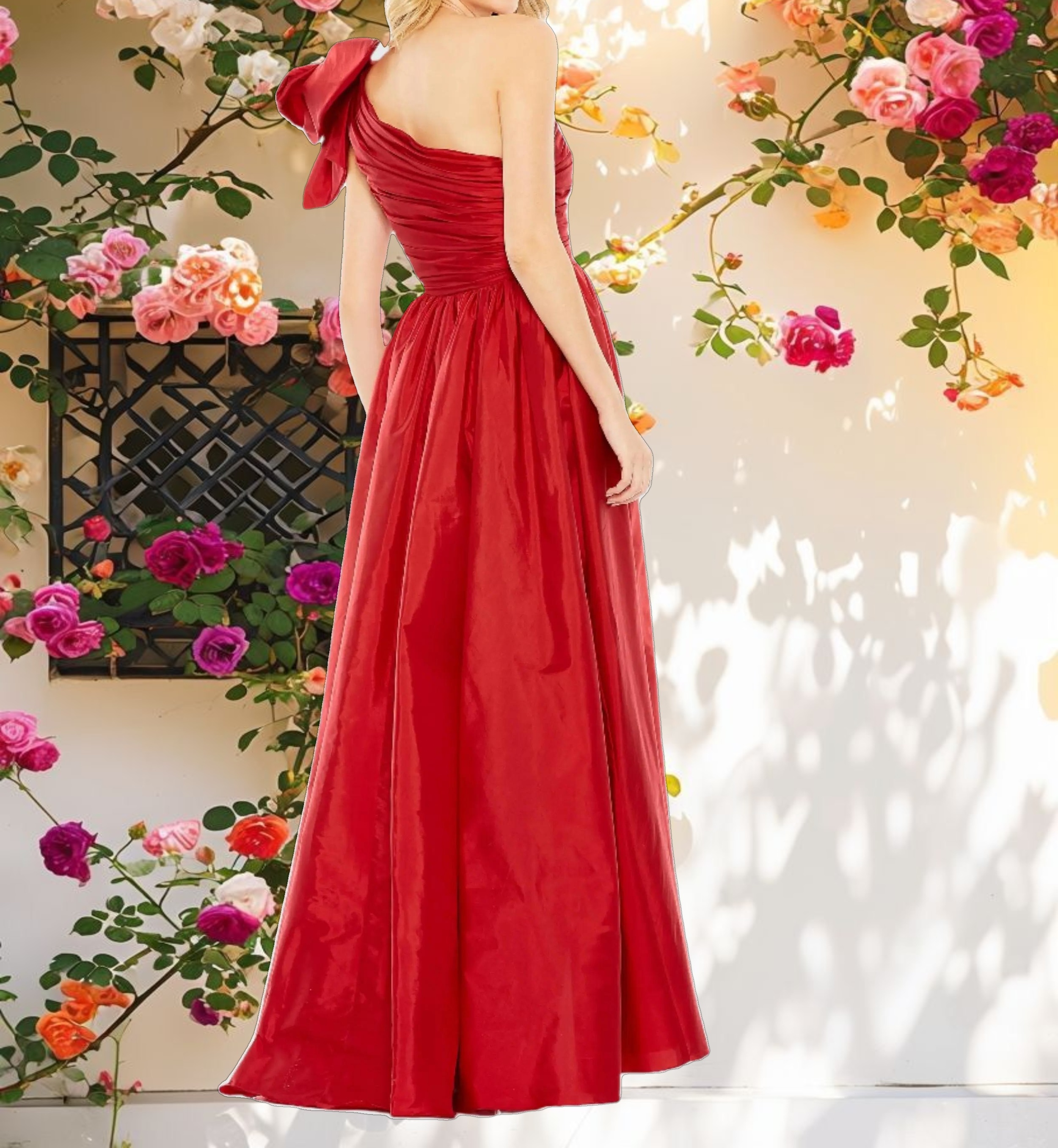 Draped Bow One Shoulder Over Skirt Gown