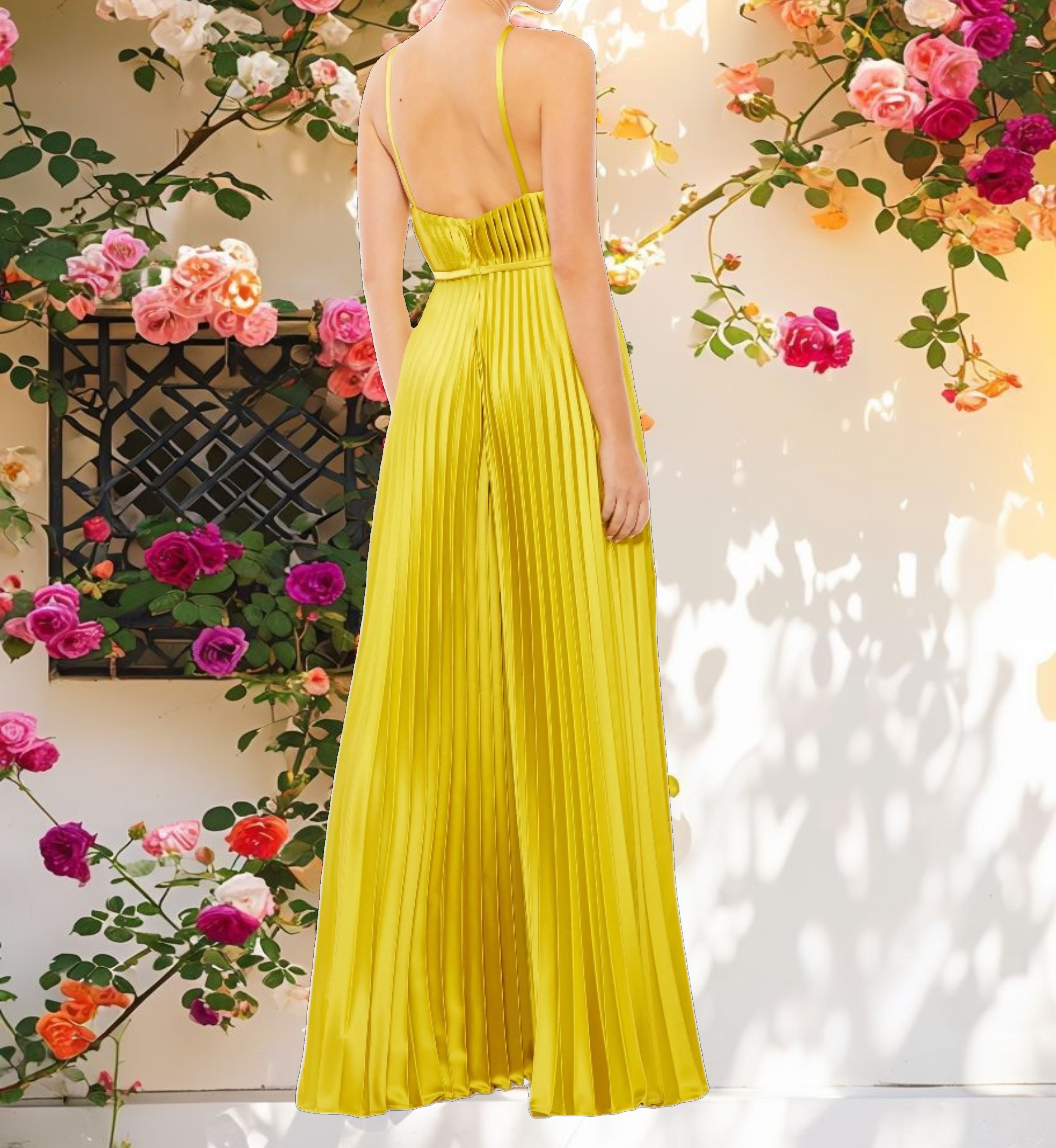 Green Pleated Plunge Neck Wide Leg Jumpsuit