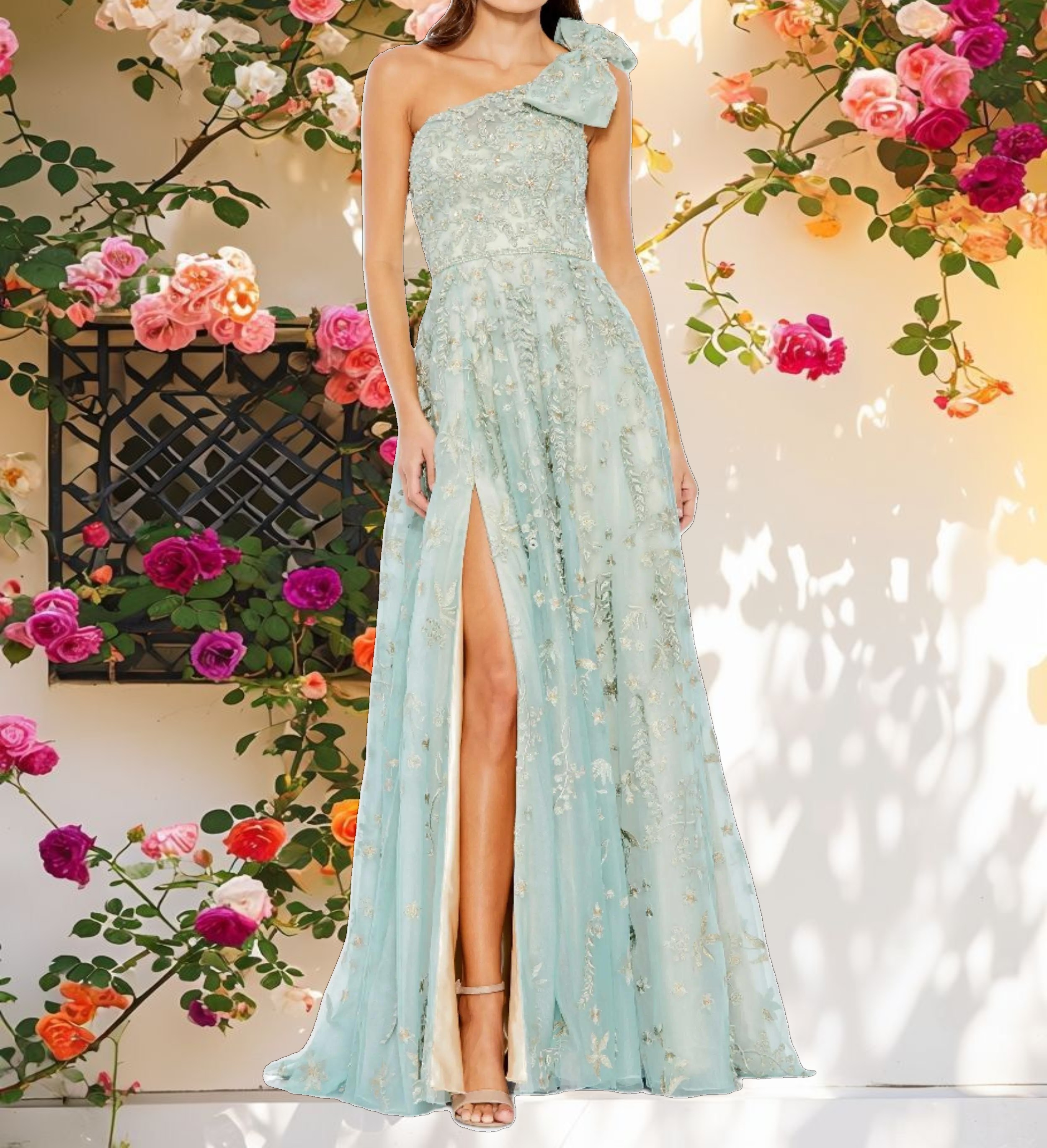 Green Embellished Bow One Shoulder A Line Gown