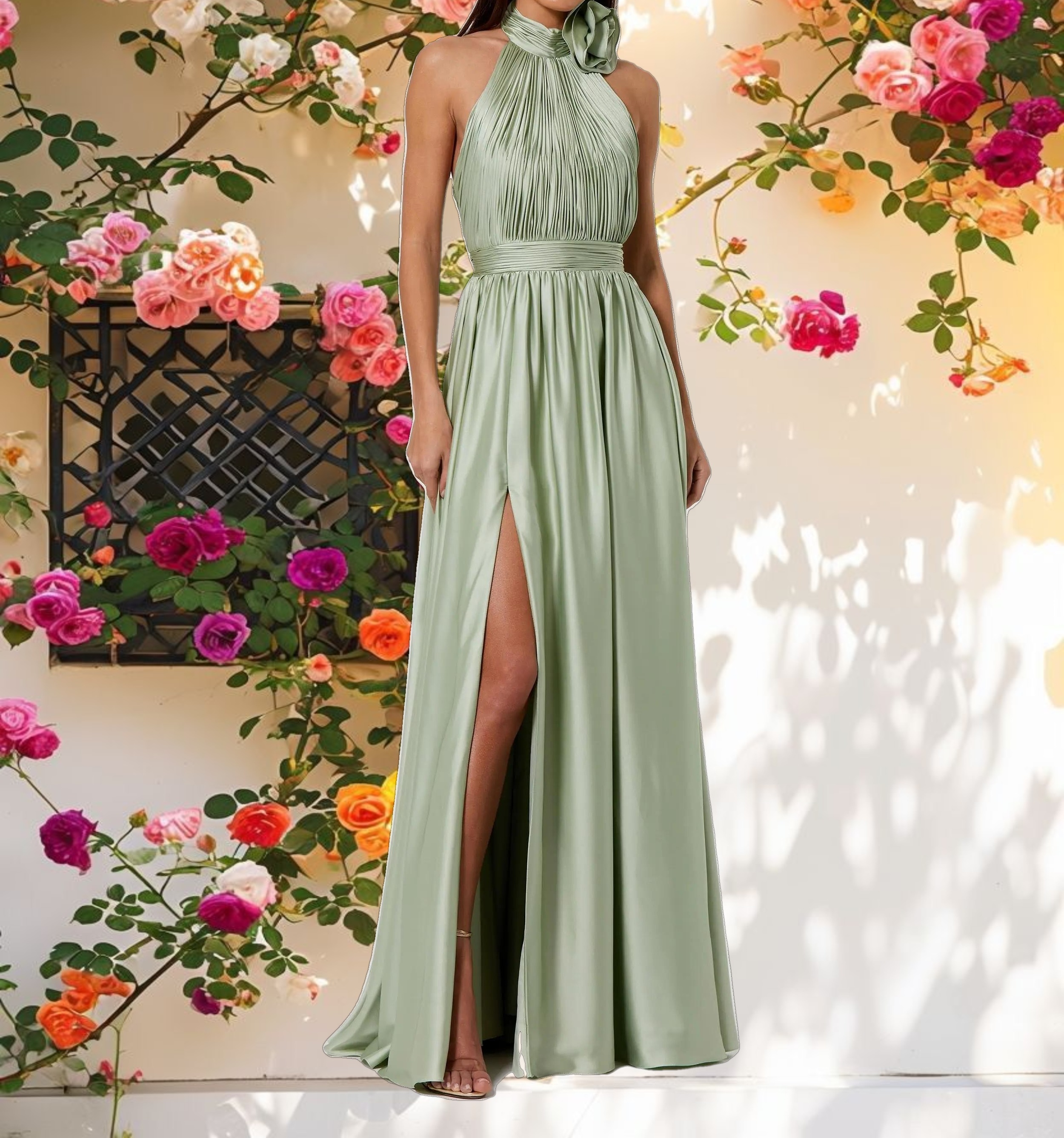 Soft Tie Halter Neck Floor Length Gown