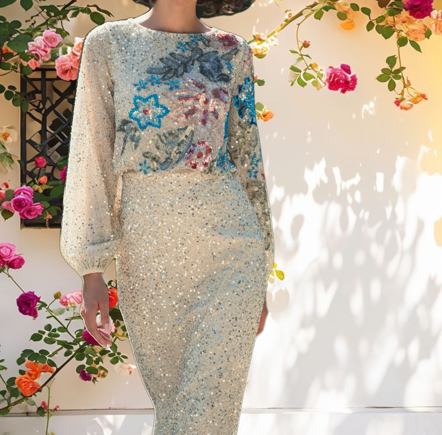 Beige Embellished Floral High Neck Gown