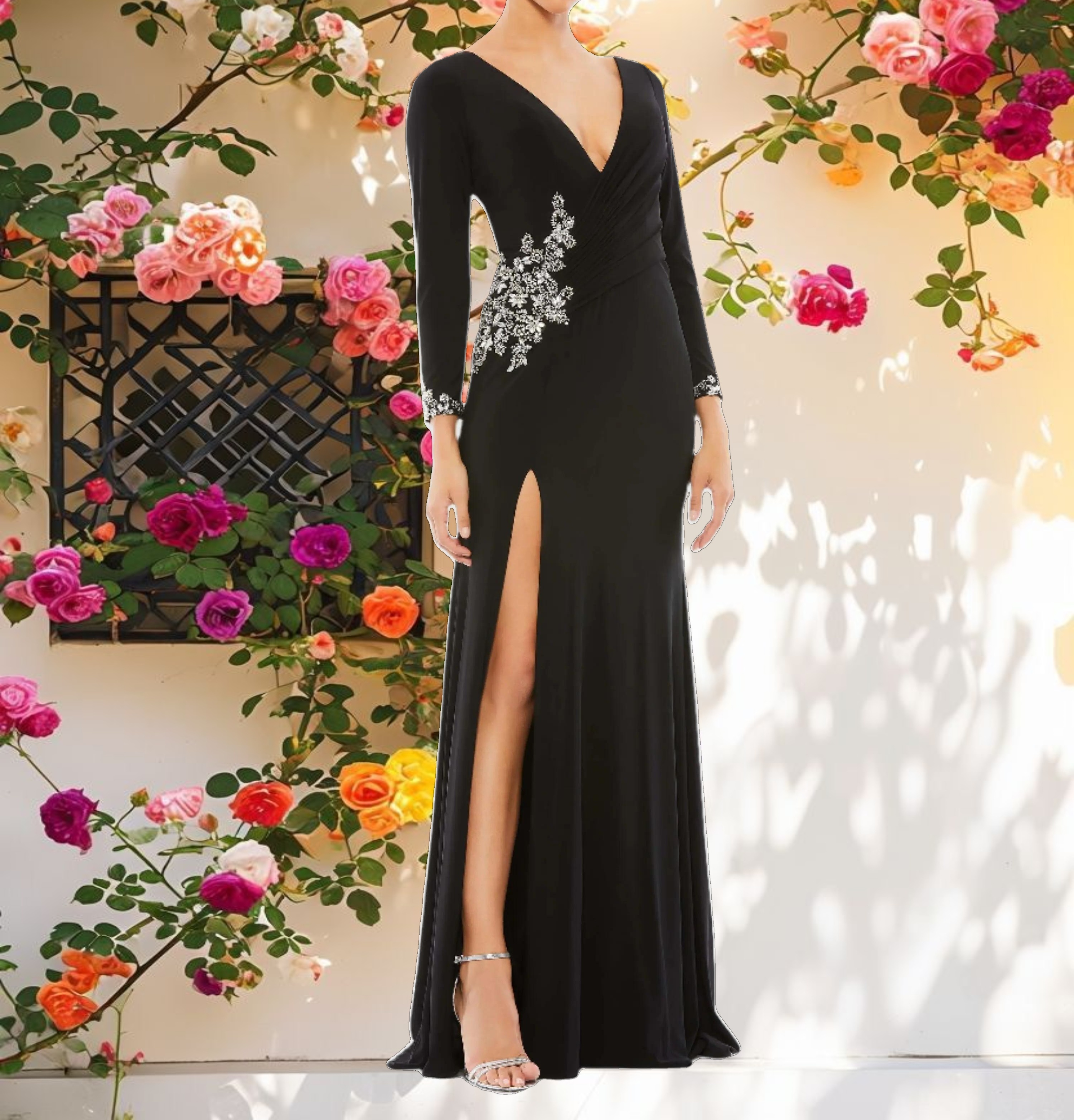 Floral Embellished Faux Wrap Jersey Gown