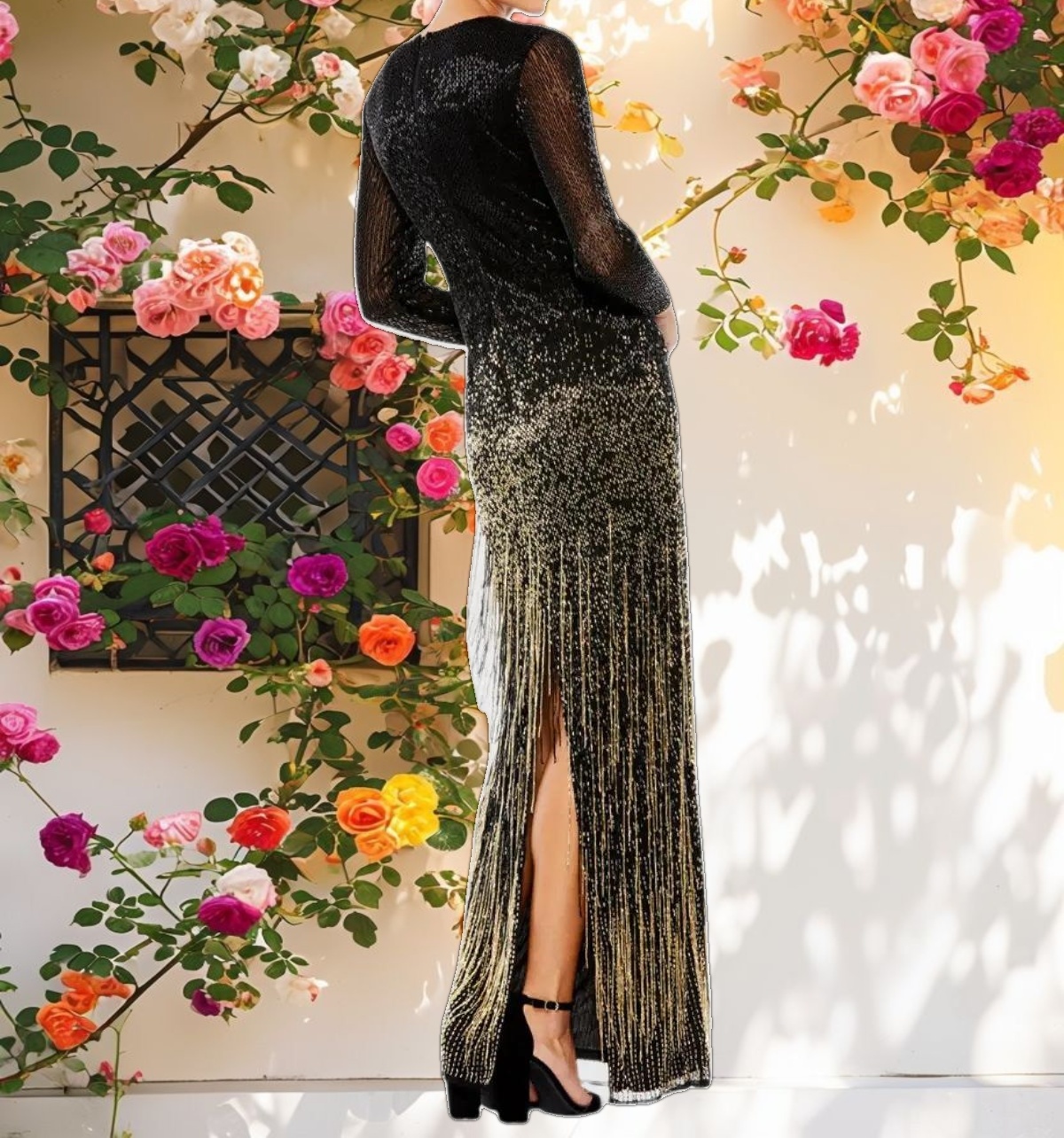 Long Sleeve Beaded Fringe Dress