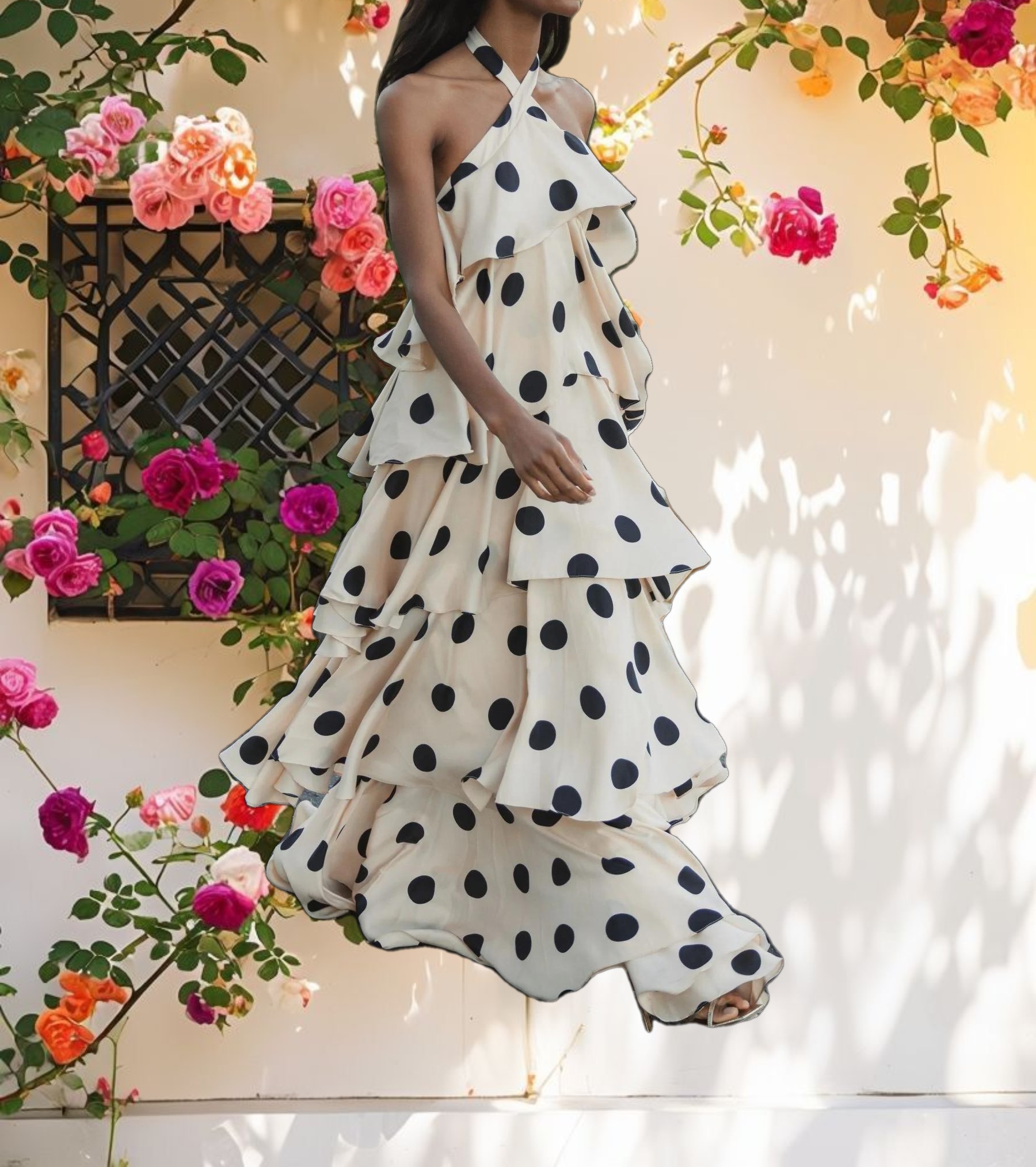 Beige Tiered Ruffle Polka Dot Charmeuse Gown