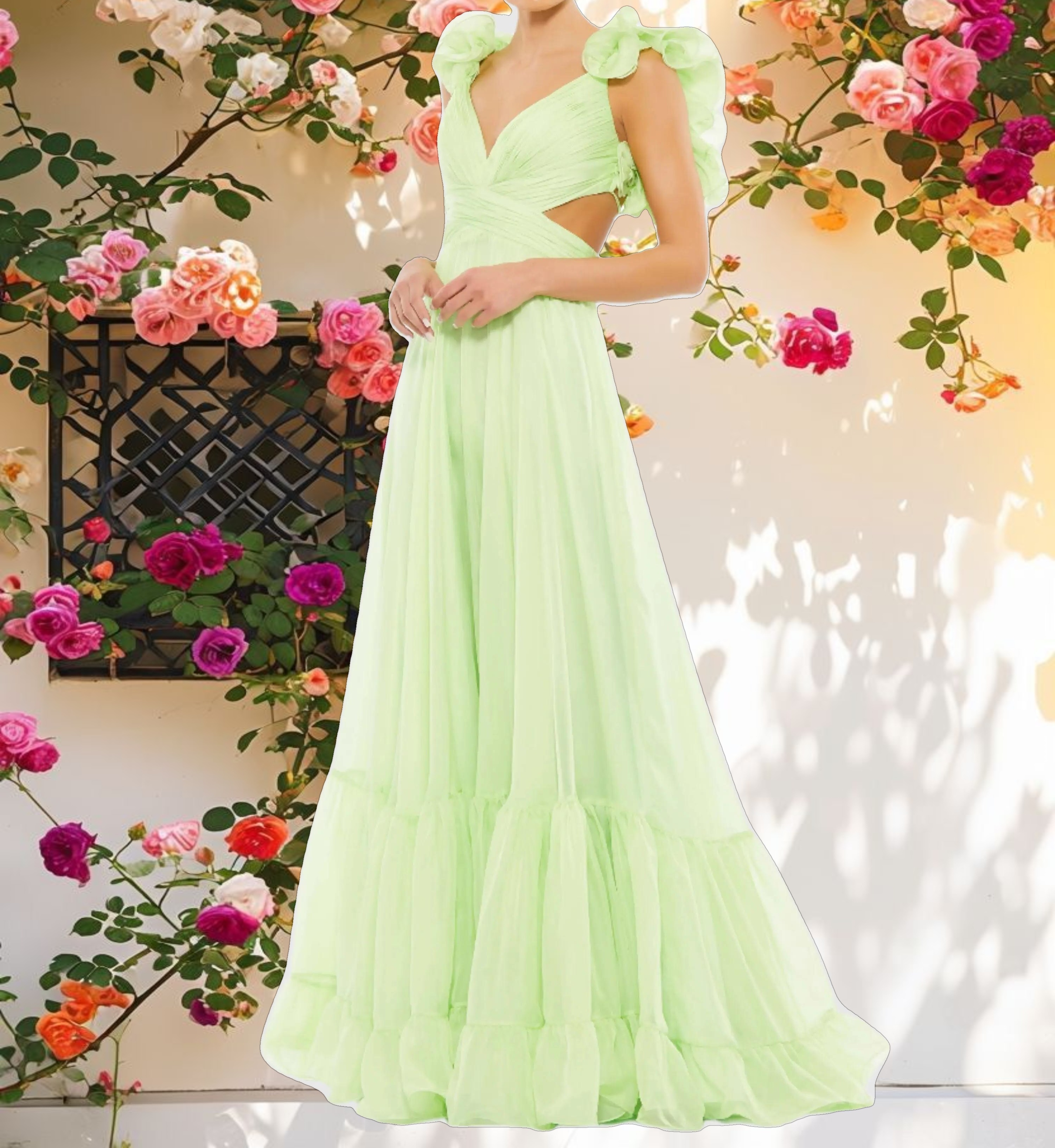 Ruffle Tiered Cut Out Chiffon Gown