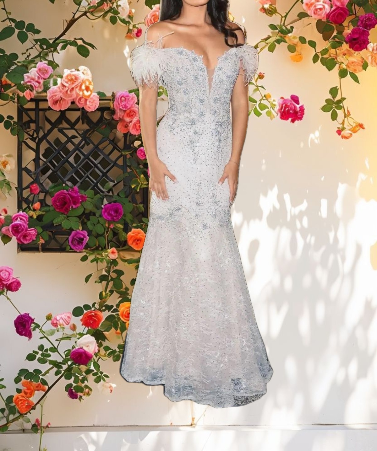 Blue Feathered Crystal Embellished Sleeveless Gown