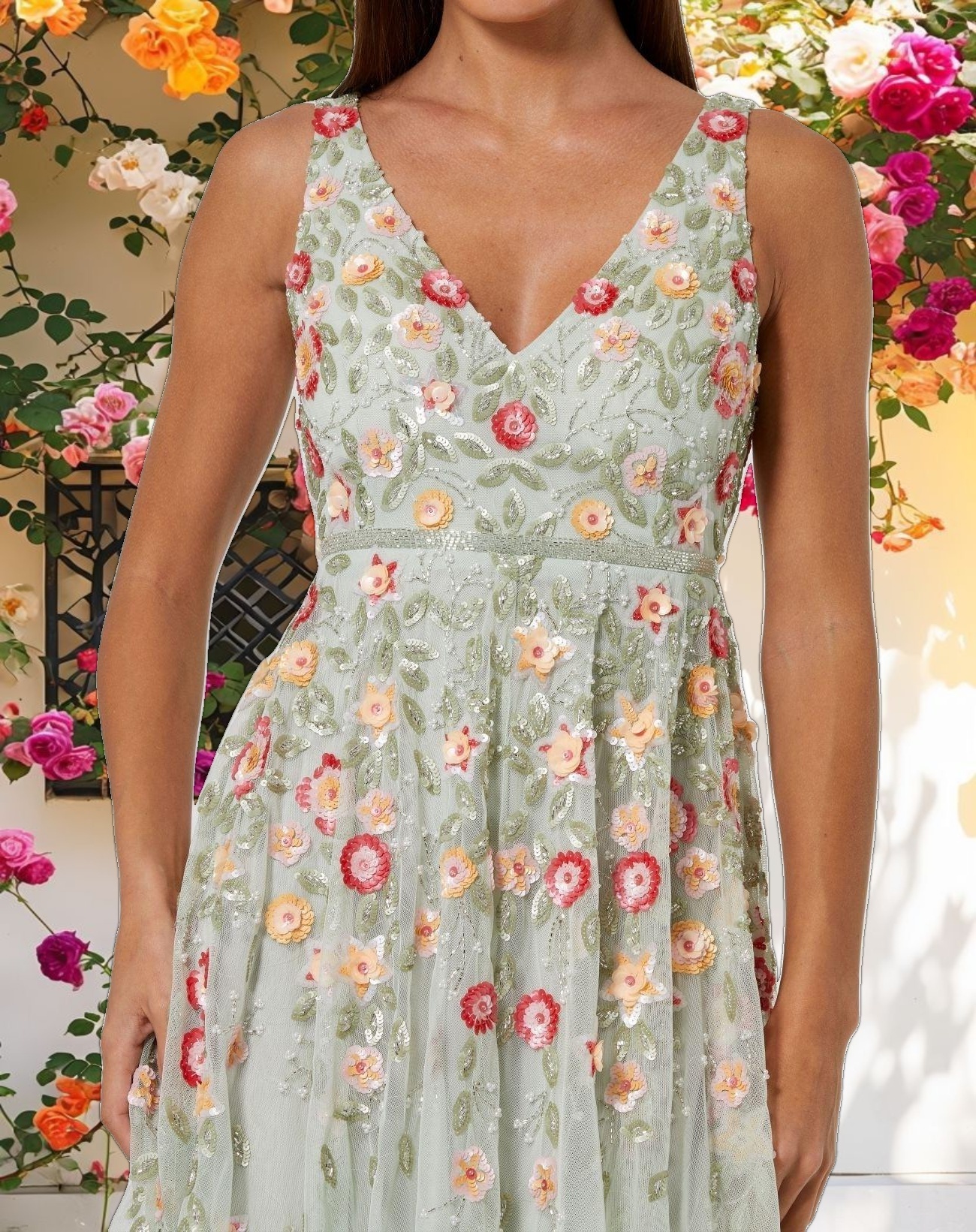 V Neck Sleeveless Midi Floral Beaded A Line Dress