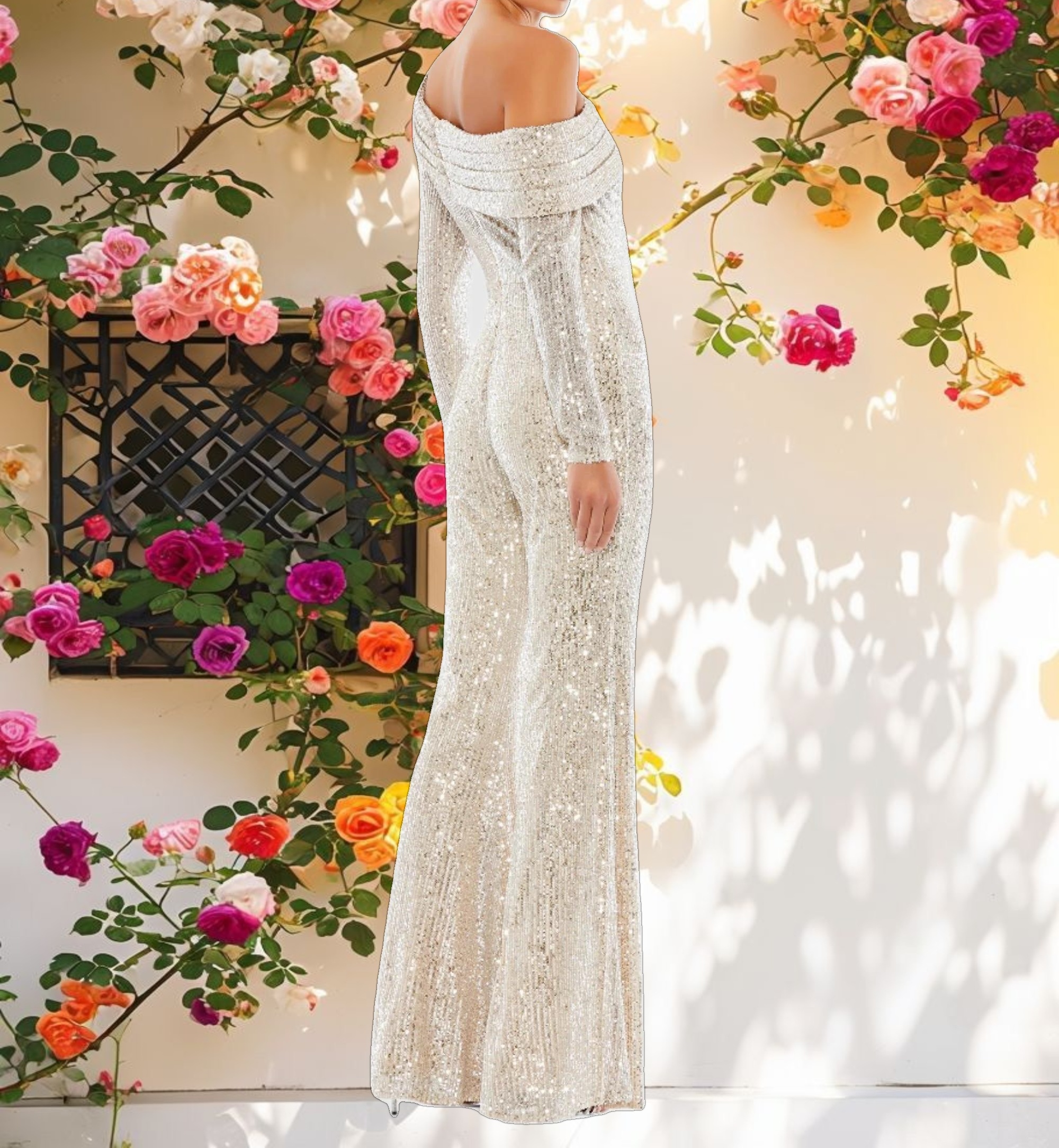 Silver Sequined Drop Shoulder Long Sleeve Jumpsuit