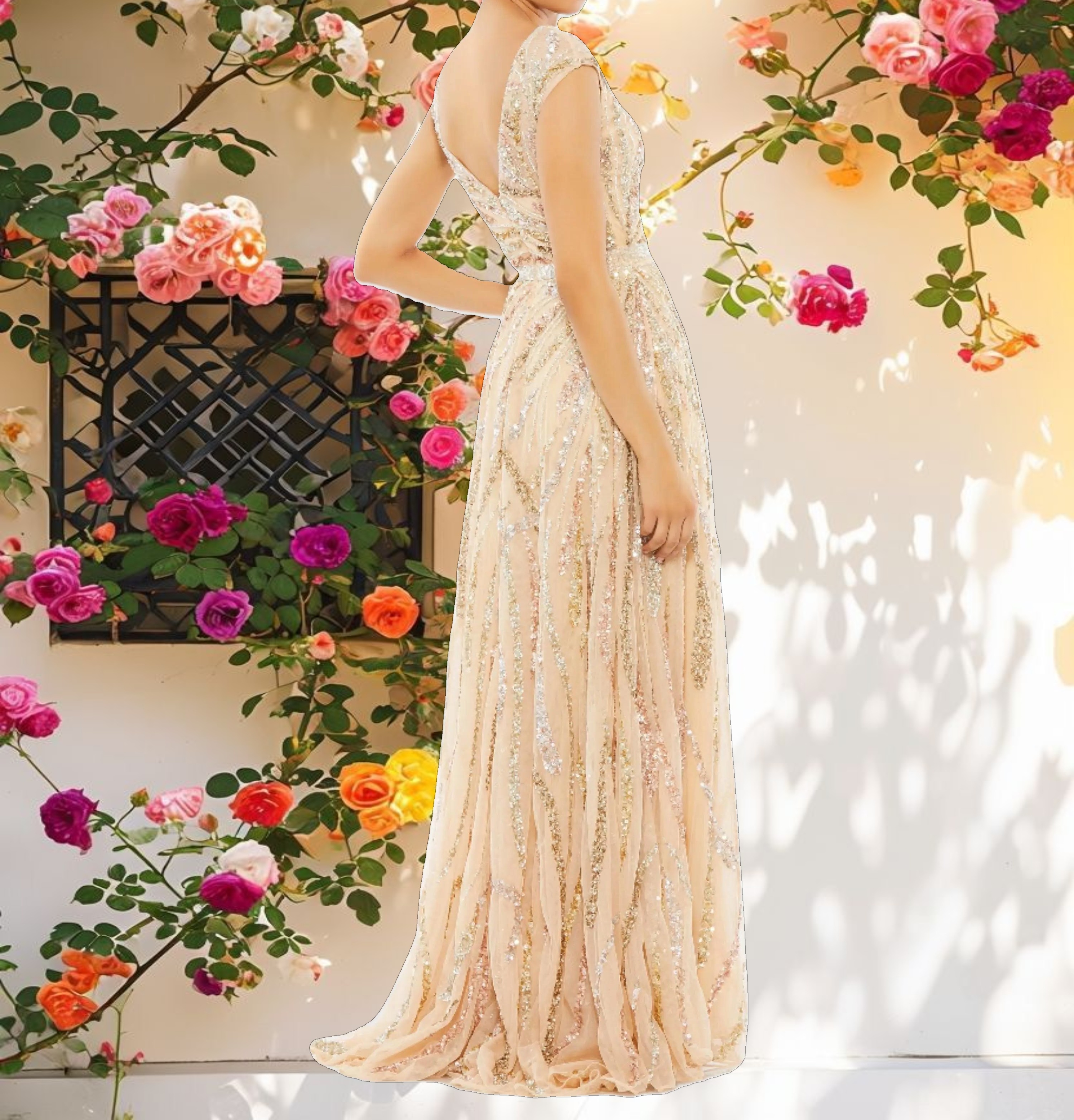 Beige Cap Sleeve Embellished Evening Gown