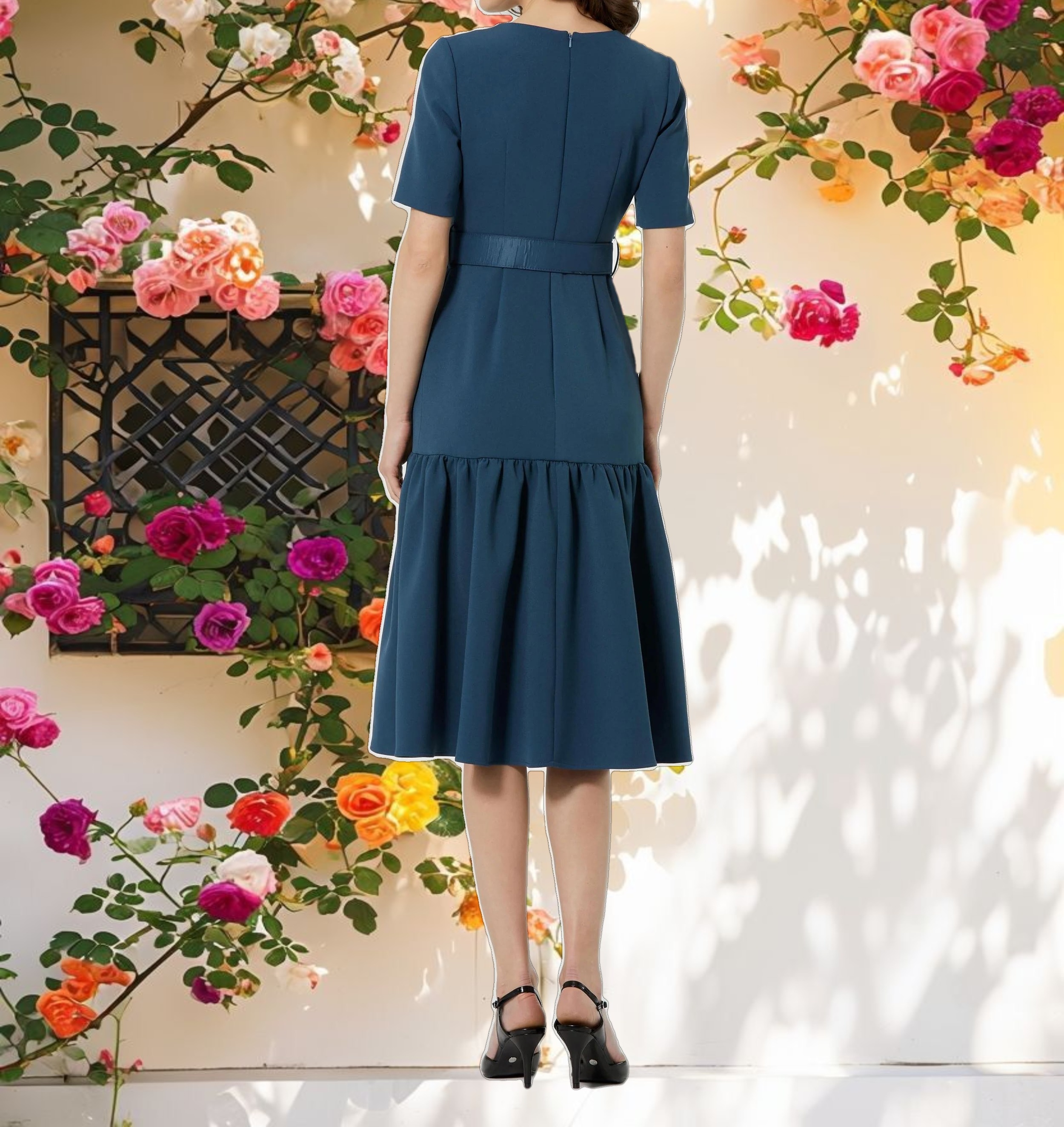 Blue Crepe Midi Dress With Belt And Pockets