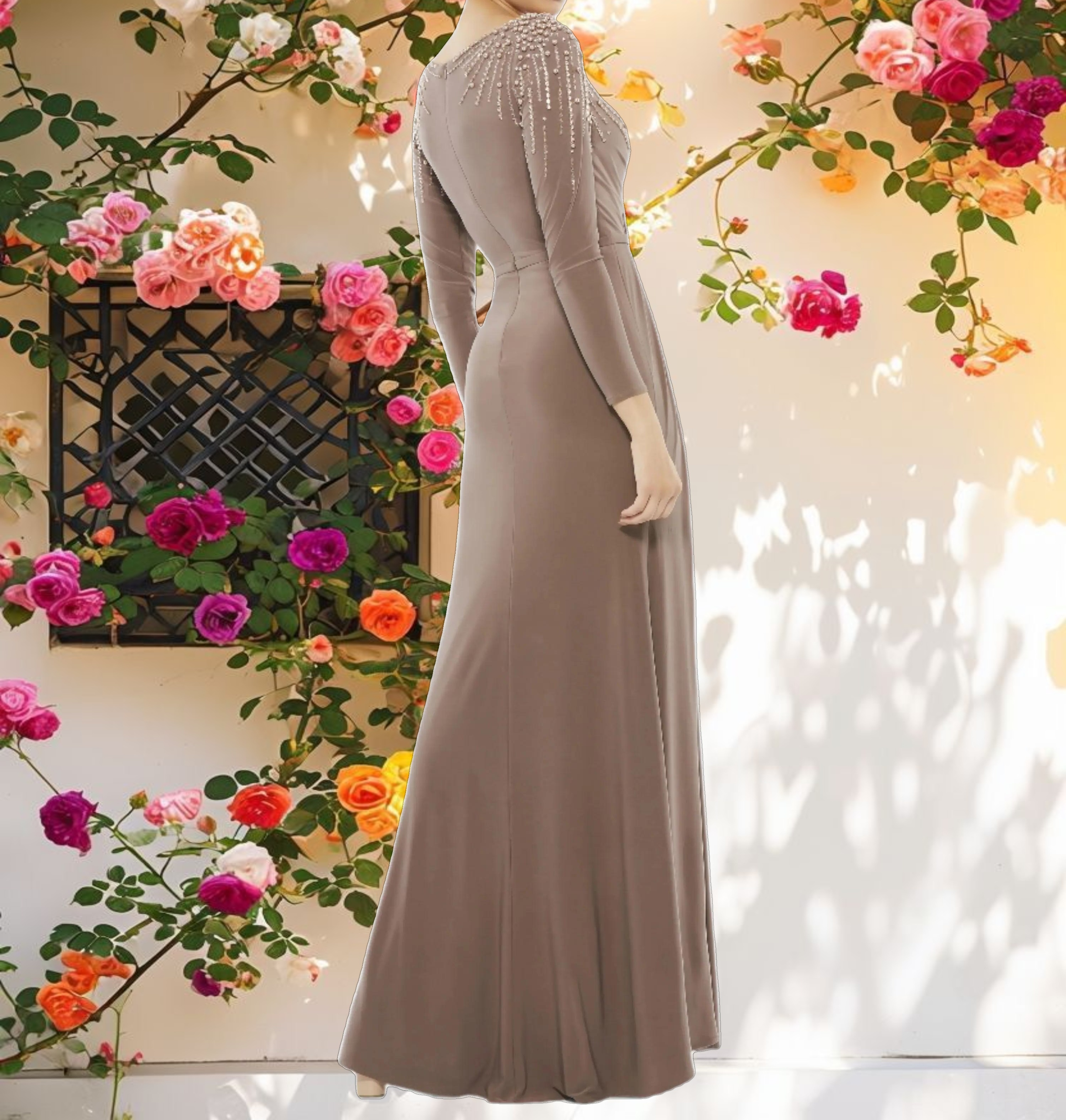 Brown Faux Wrap Jersey Gown w/ Embellished Accents