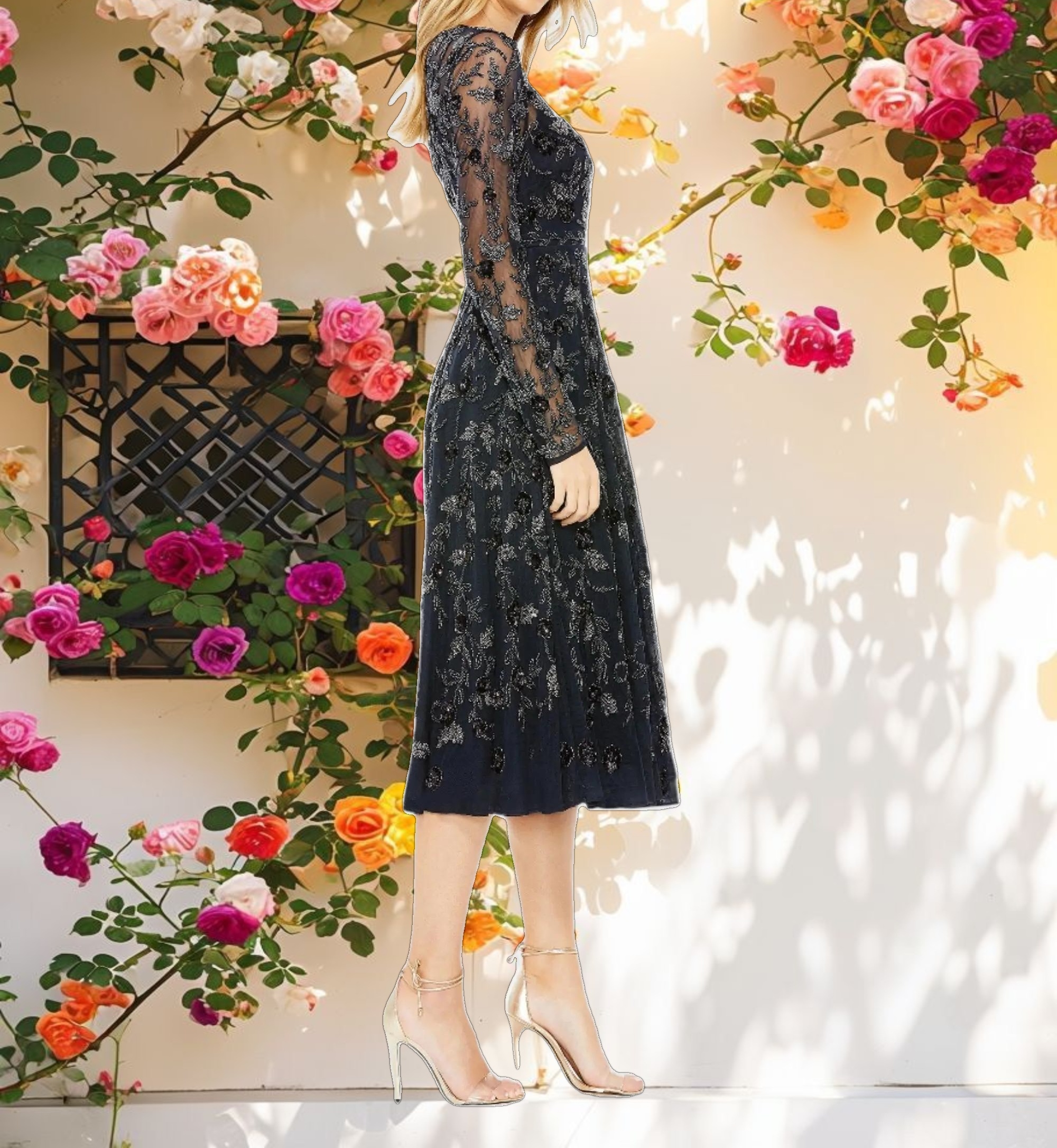 Blue Beaded Illusion High Neck Long Sleeve Gown