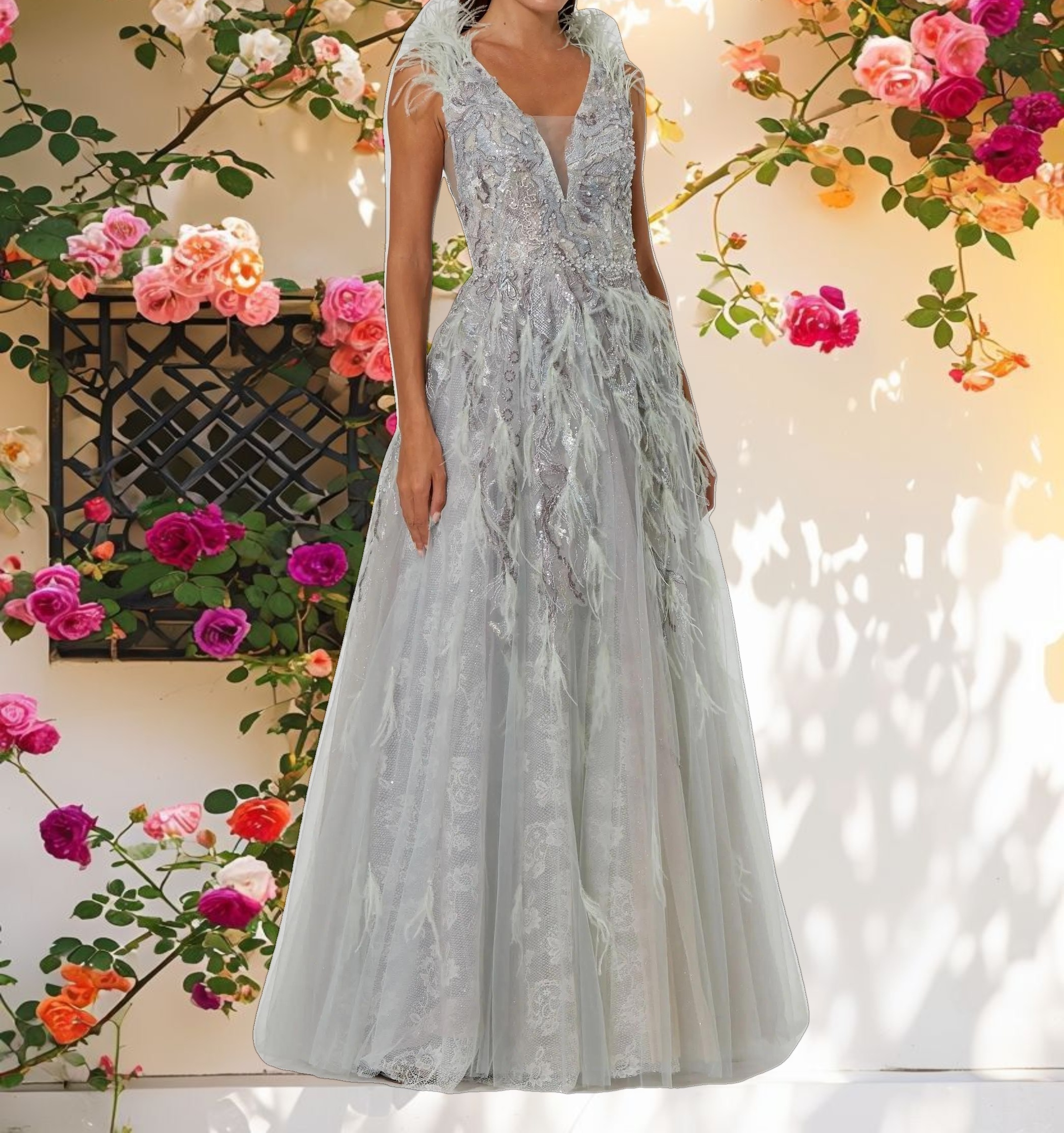 Green Embellished Feathered Sleeveless A Line Gown