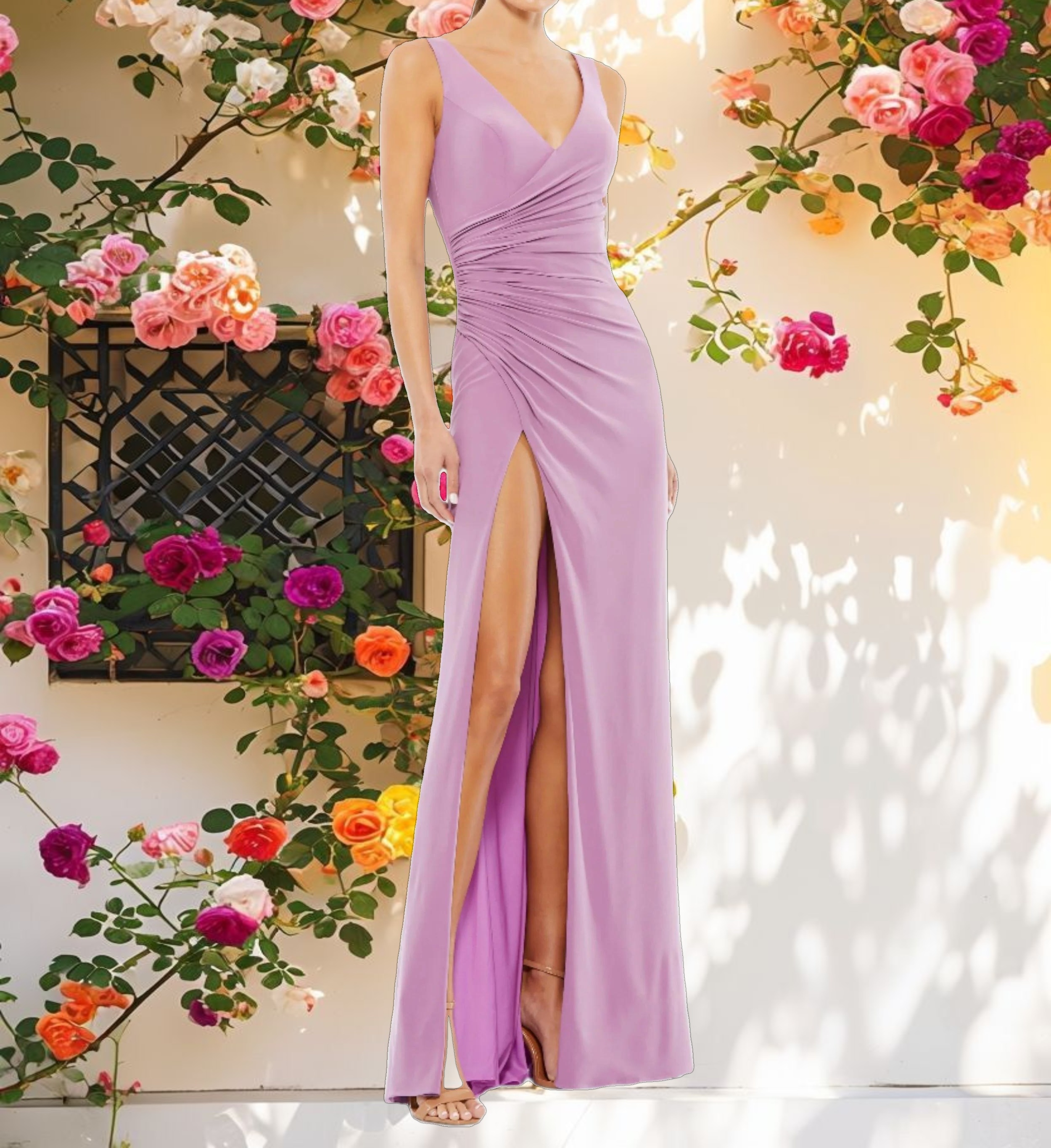 Purple Ruched Stretch Jersey V Neck Gown