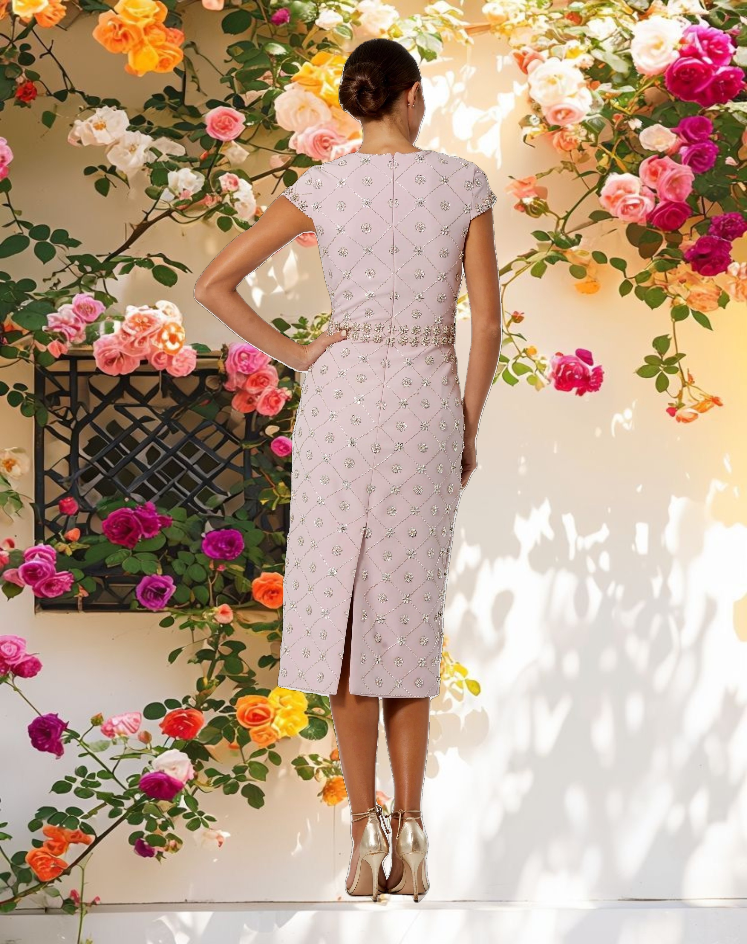 Hand Embellished Cap Sleeve Midi Dress