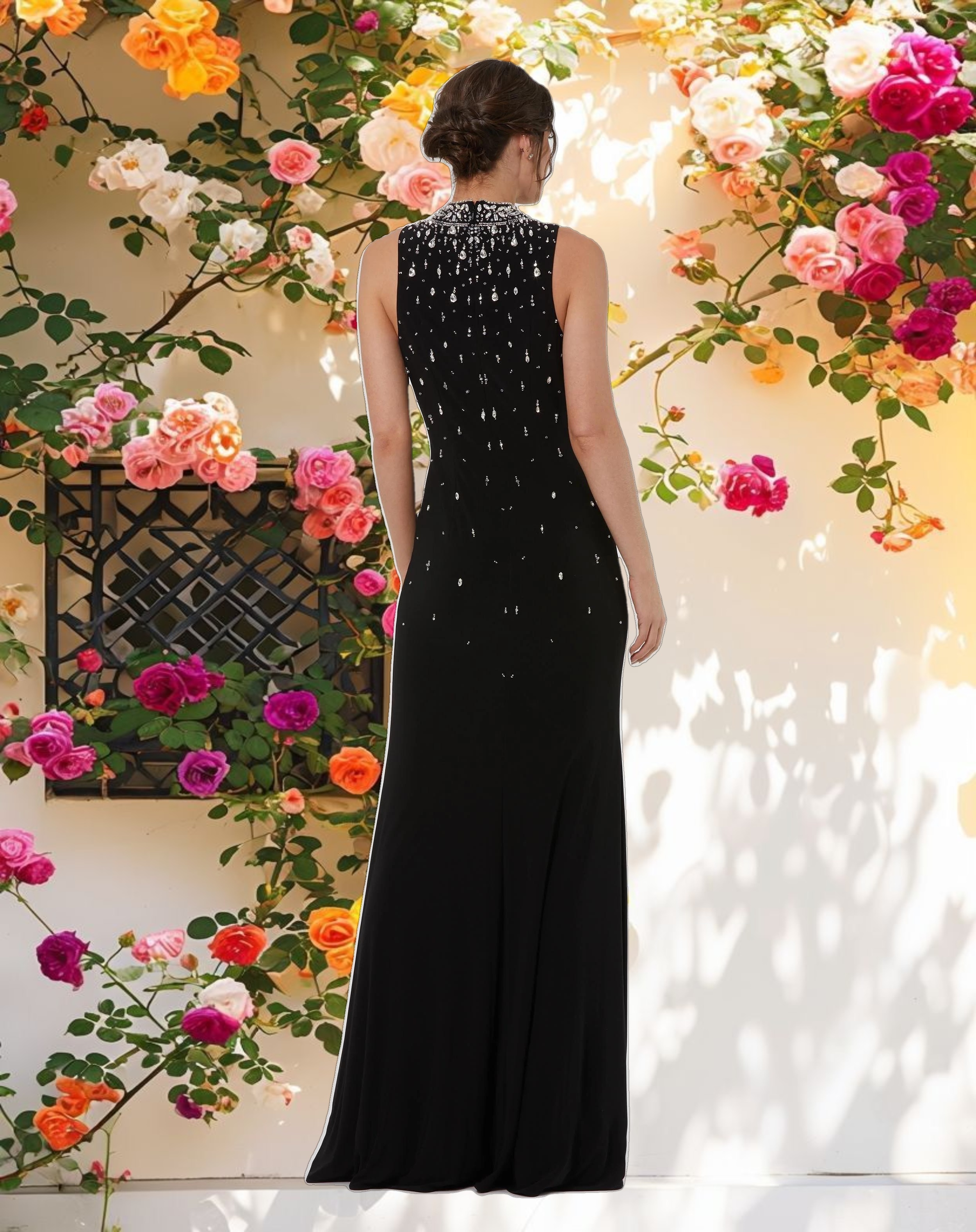 Black High Neck Sleeveless Beaded Jersey Fitted Gown