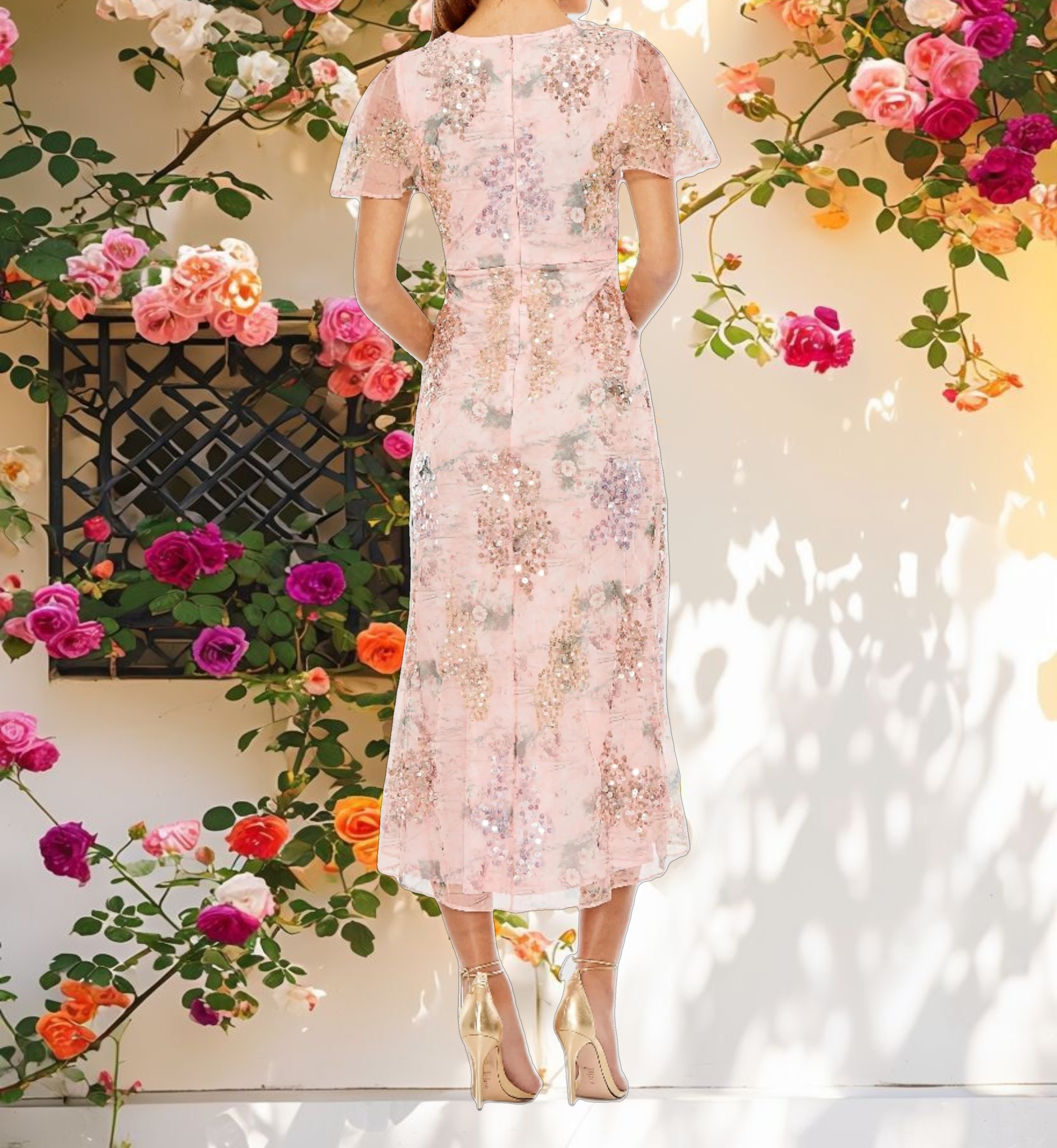 Floral Printed Mesh V Neck Midi Dress