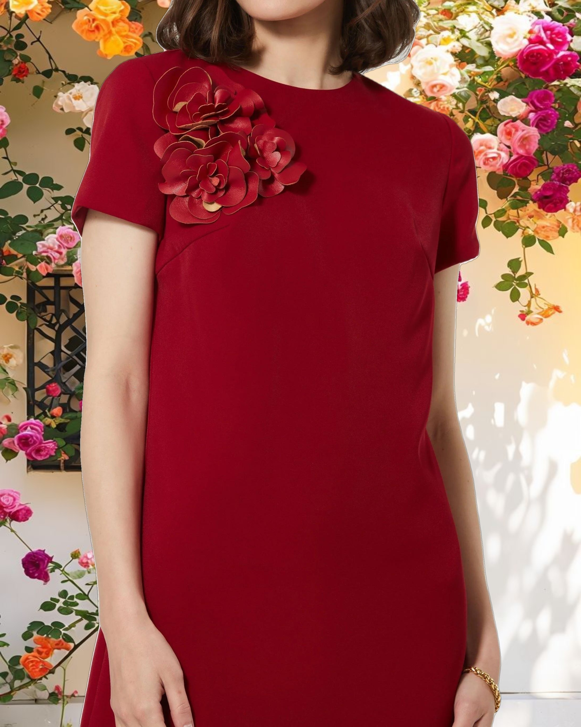 Crepe Cap Sleeve Mini Dress With 3D Flower Details