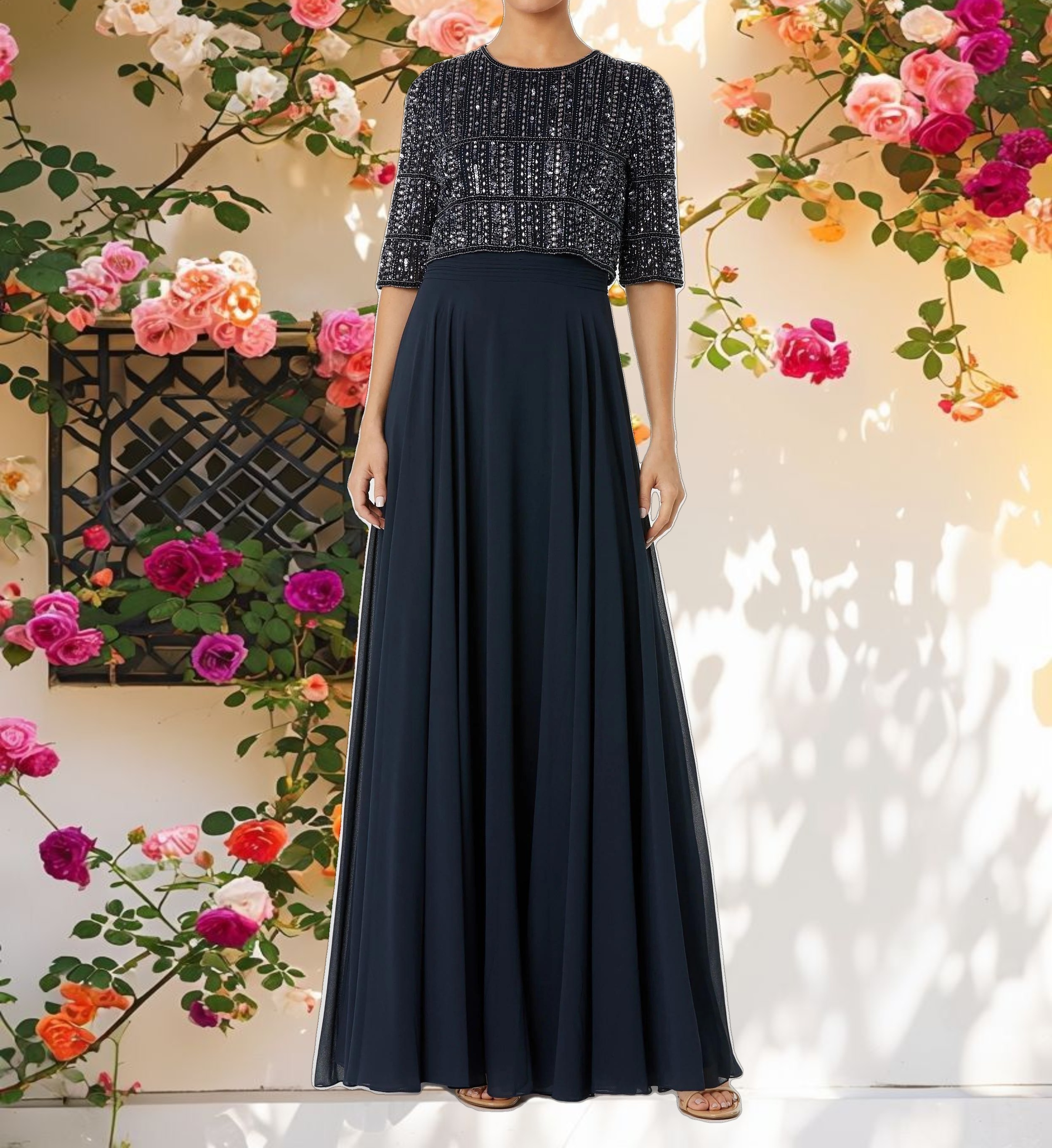 Navy Chiffon Gown w/ Fully Beaded 3/4 Sleeve Top