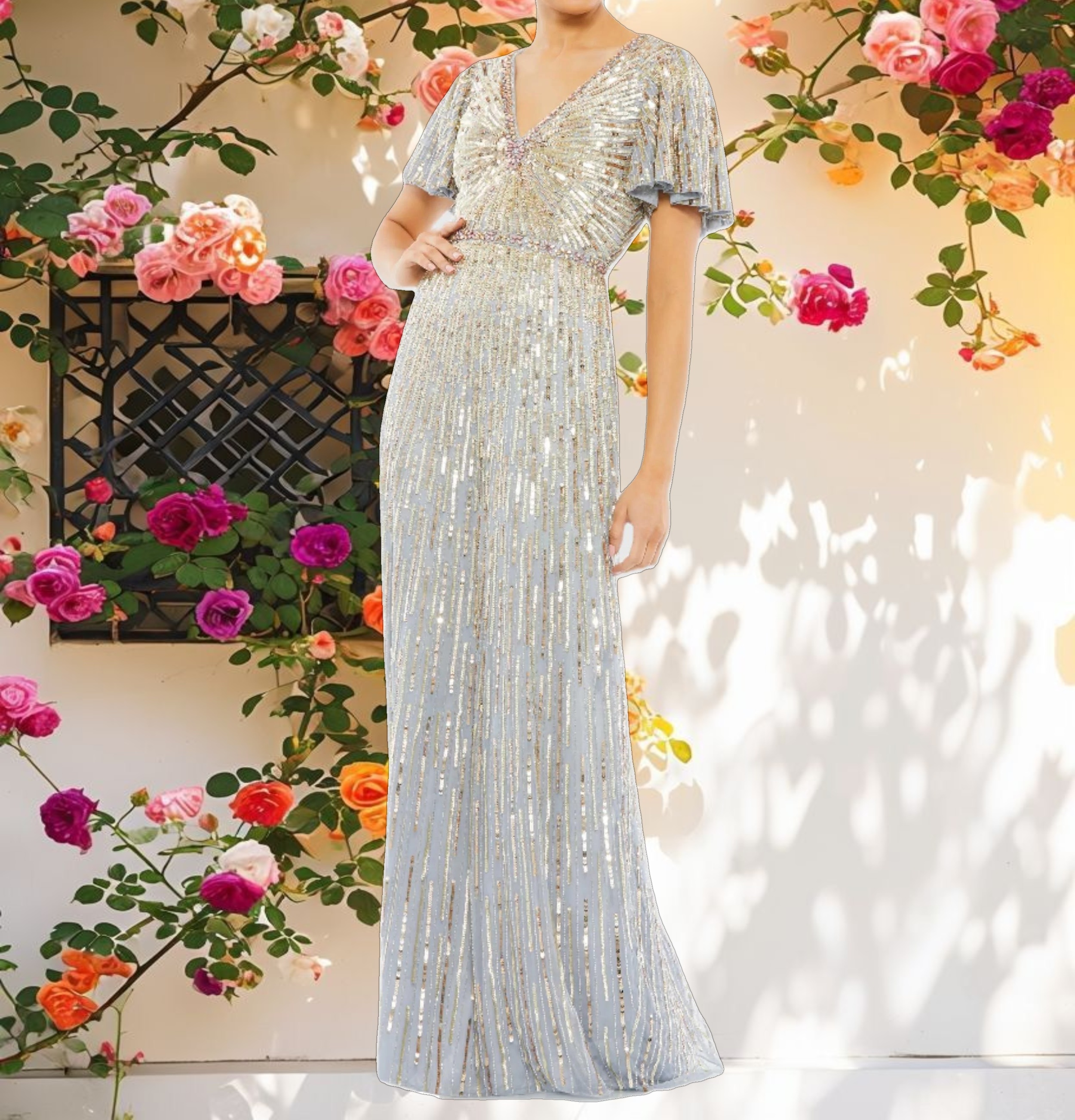 Silver Embellished V Neck Butterfly Sleeve Column Gown