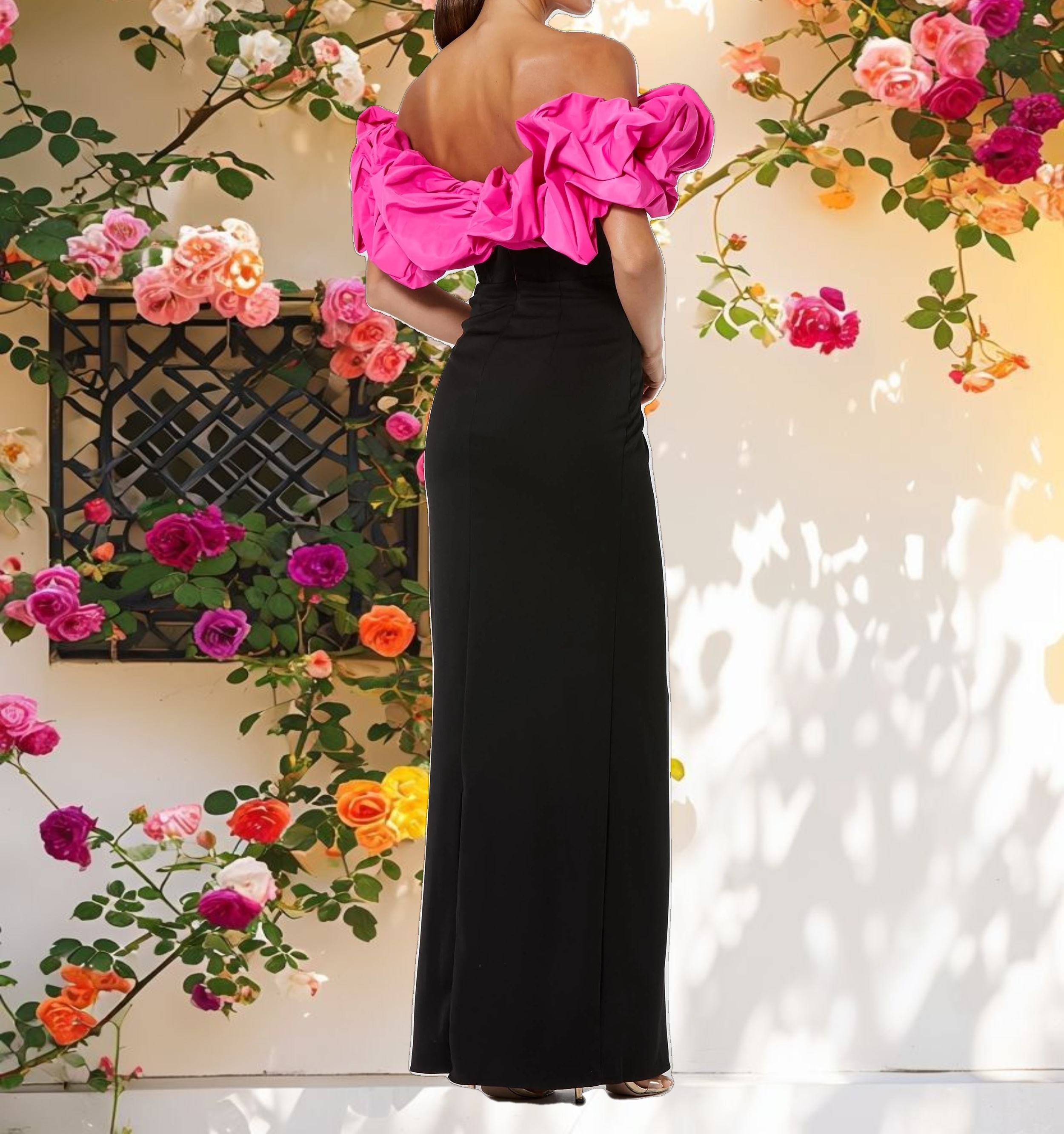 Black Crepe & Faille Off The Shoulder Gown