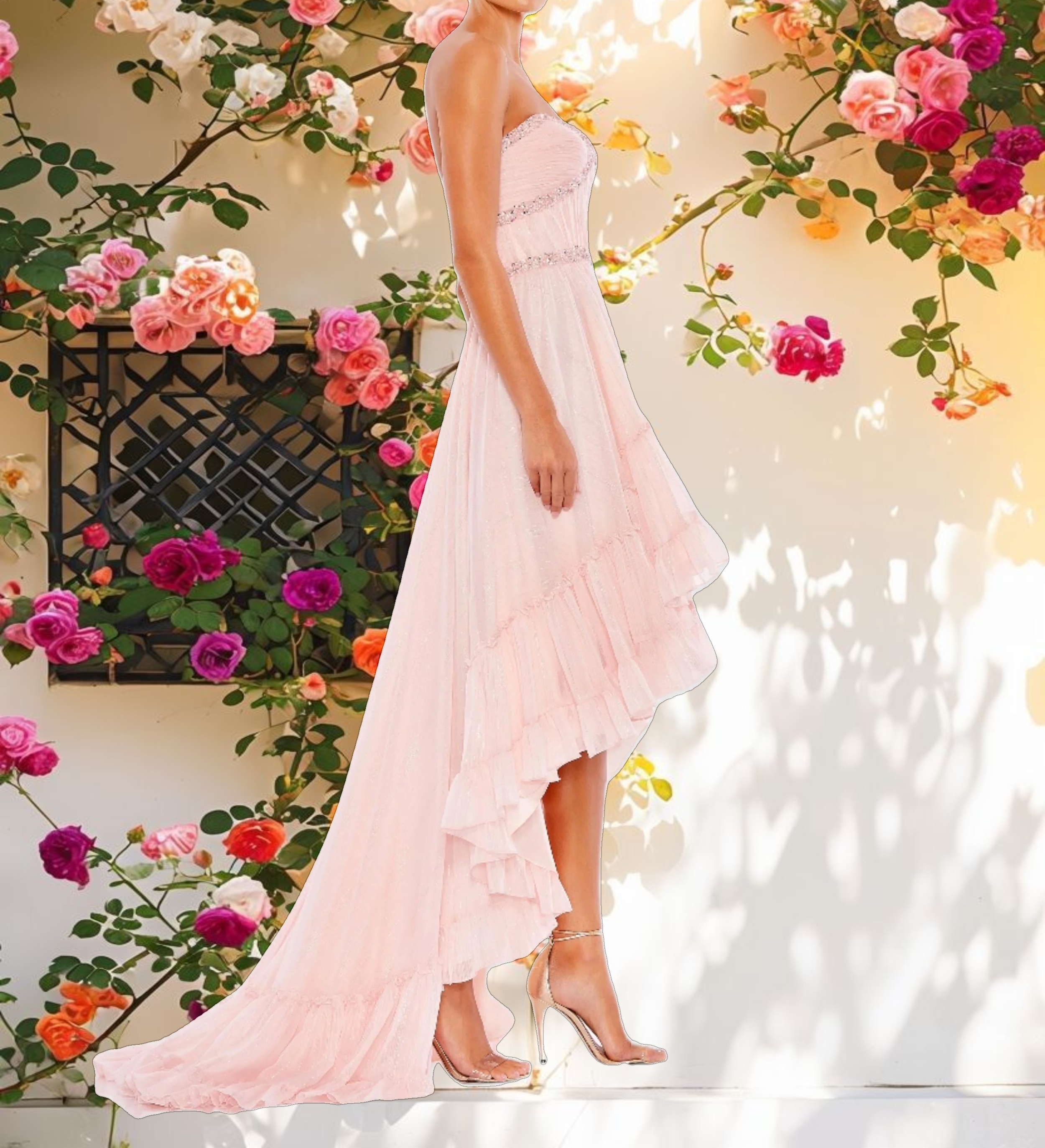 Floral Beaded Ruffle Gown