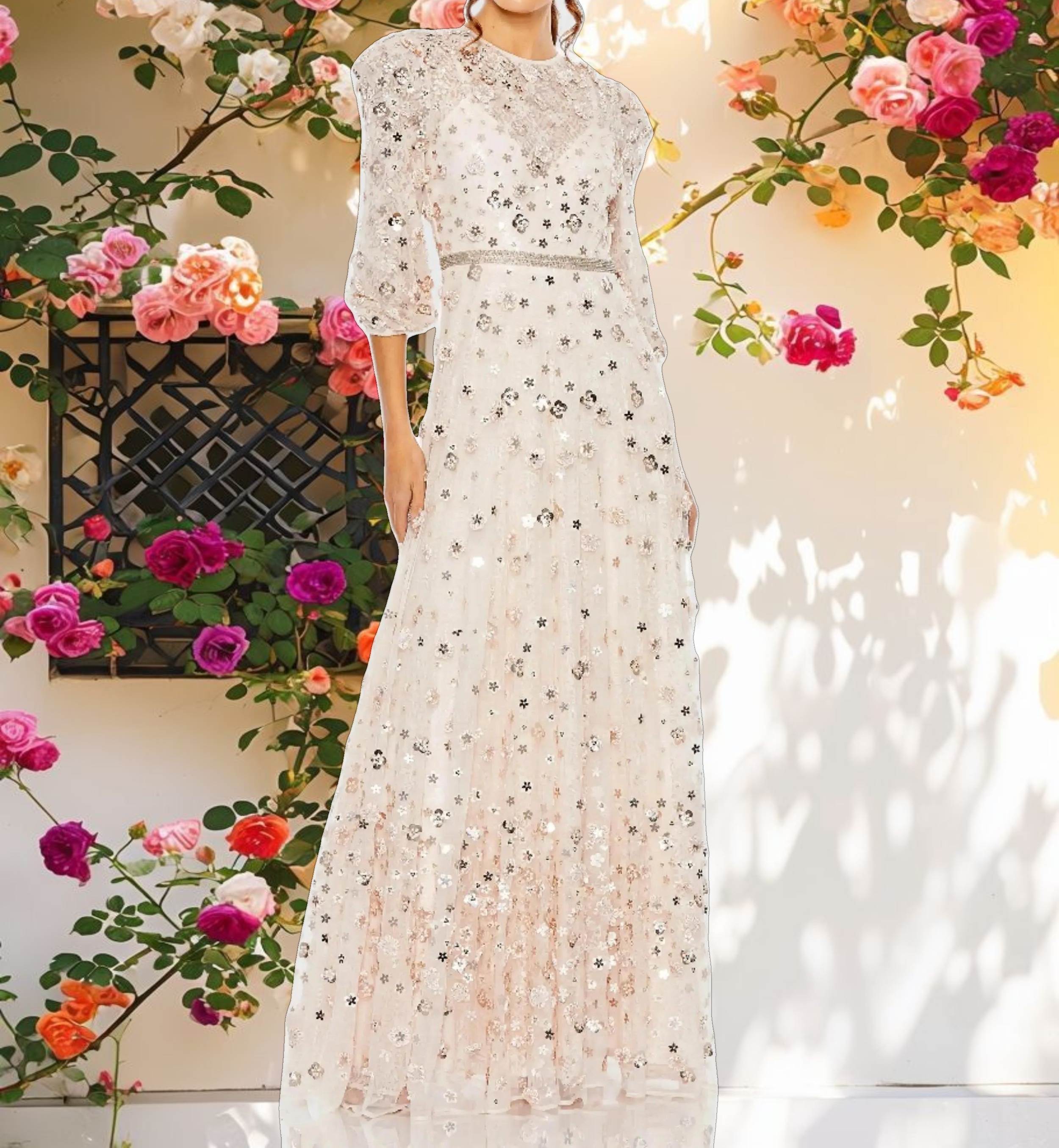 Pink Floral Applique Puff Sleeve High Neck A Line Gown