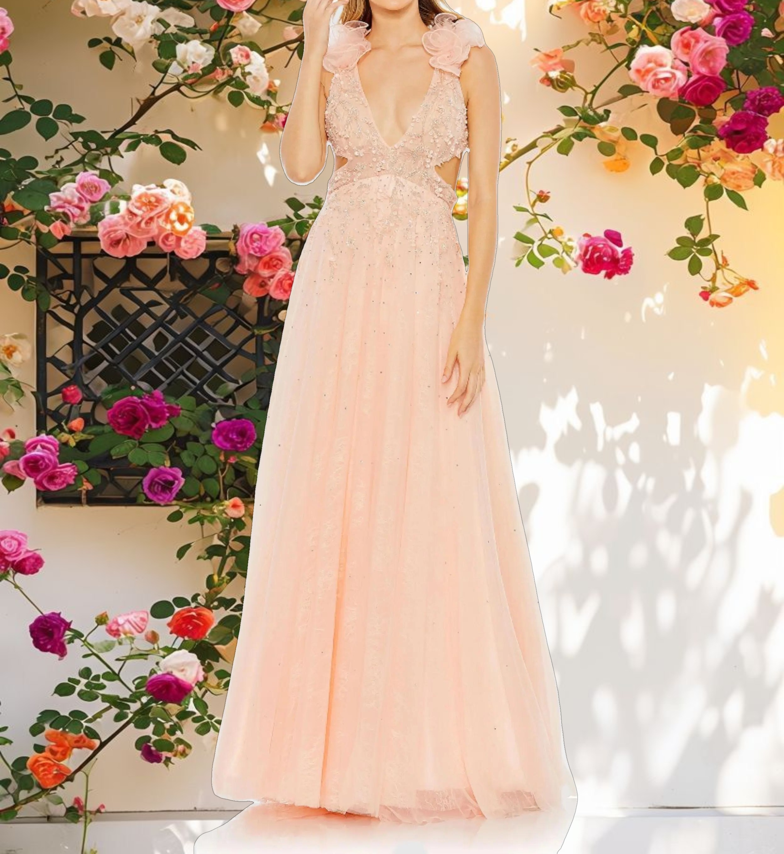 Pink Embellished Ruffle Shoulder Cut Out A Line Gown