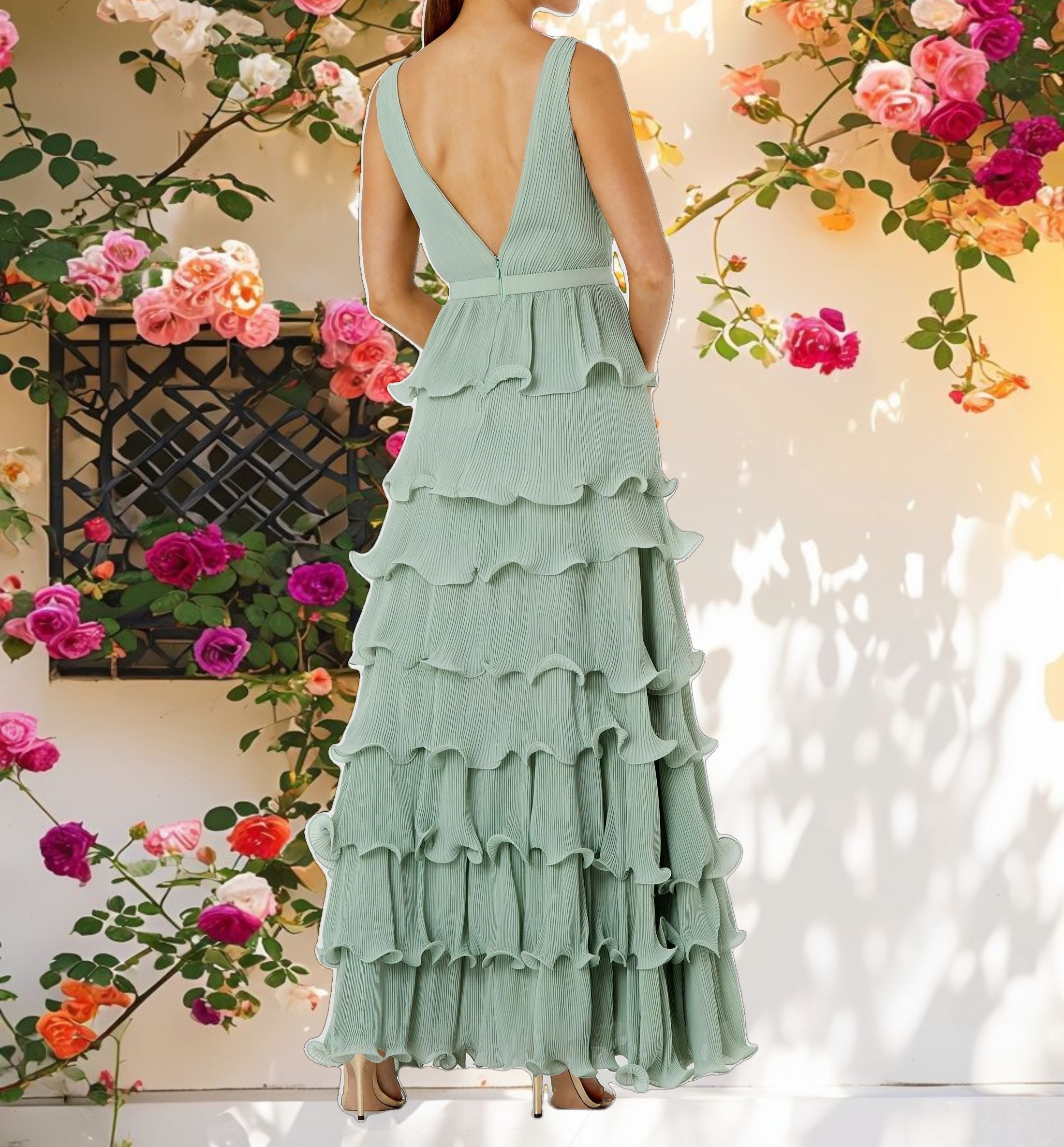 Green Sleeveless Ruffle Tiered V Neck Gown