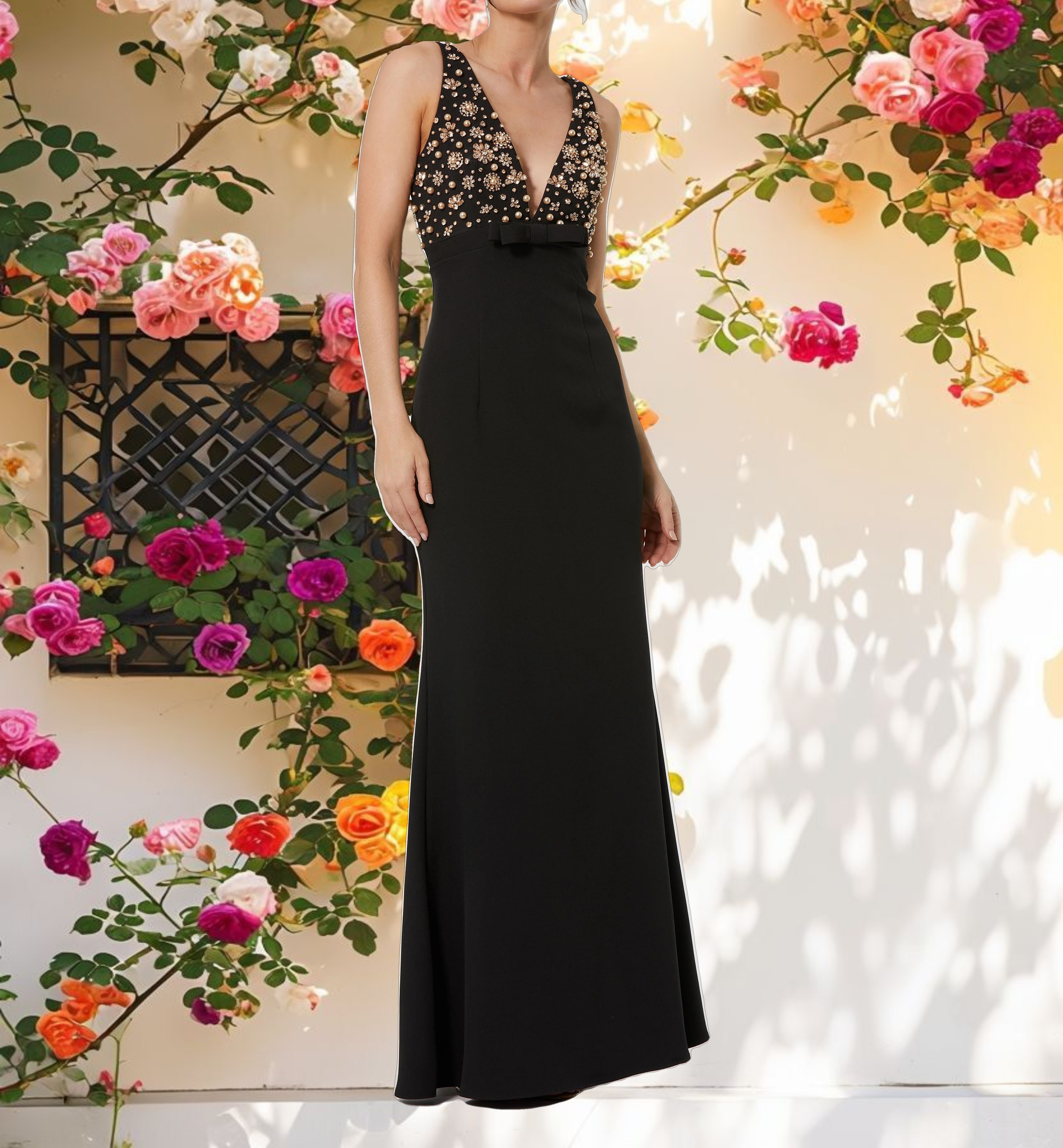 Black Crepe Sleeveless Beaded V Neck Gown With Bow
