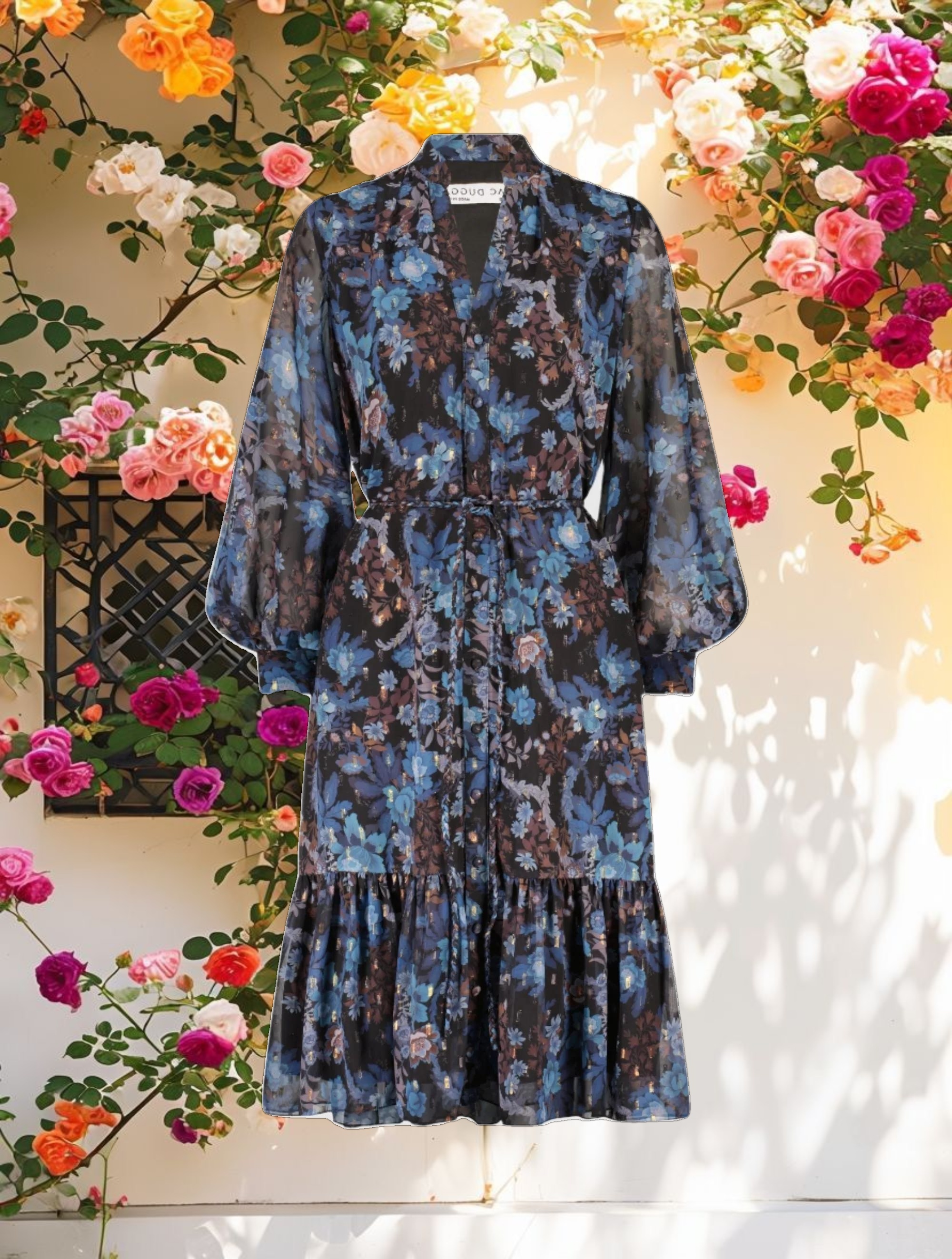 Shimmering Chiffon Bishop Sleeve Dress