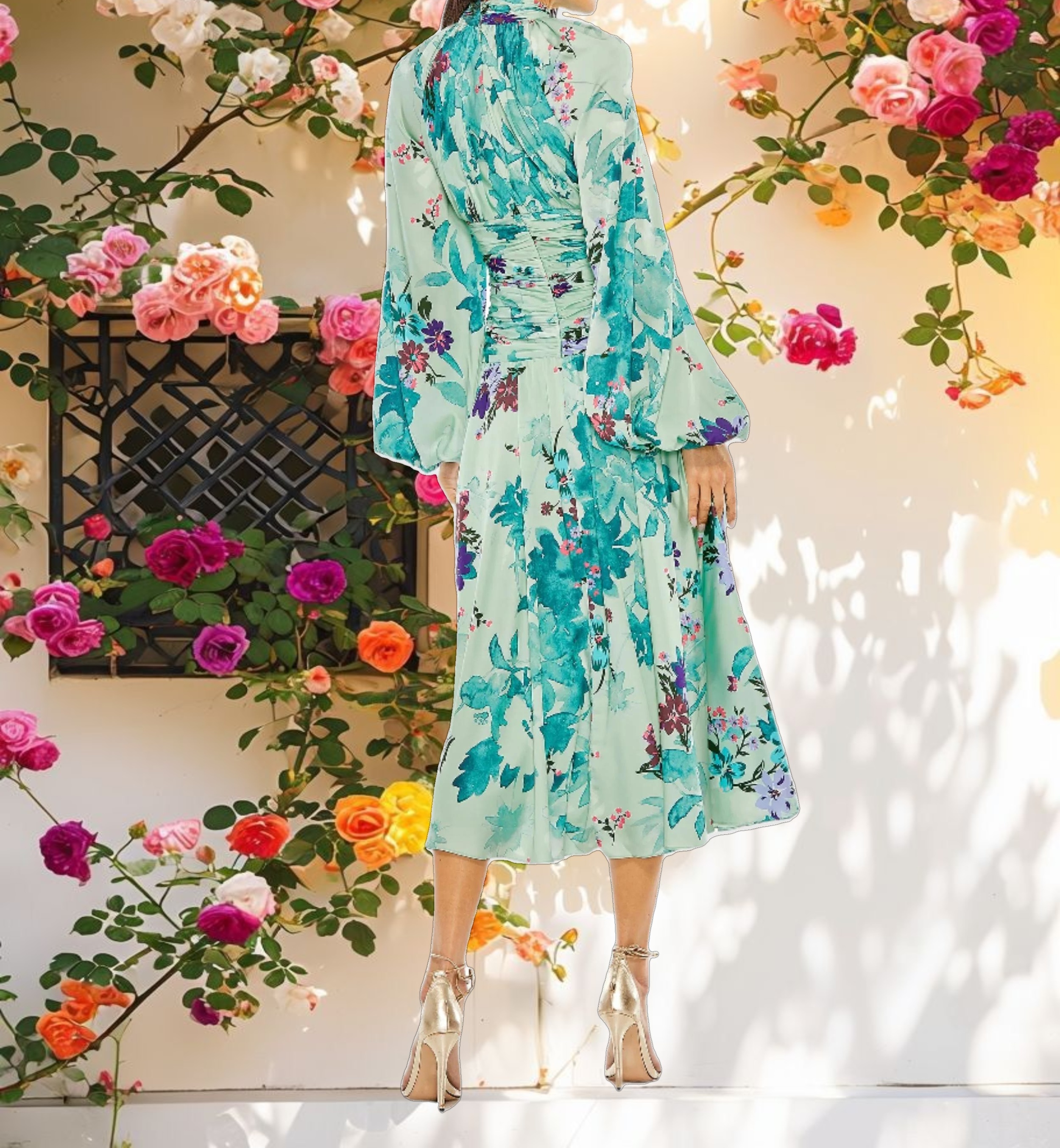 Green Keyhole Satin Long Sleeve Floral Gown