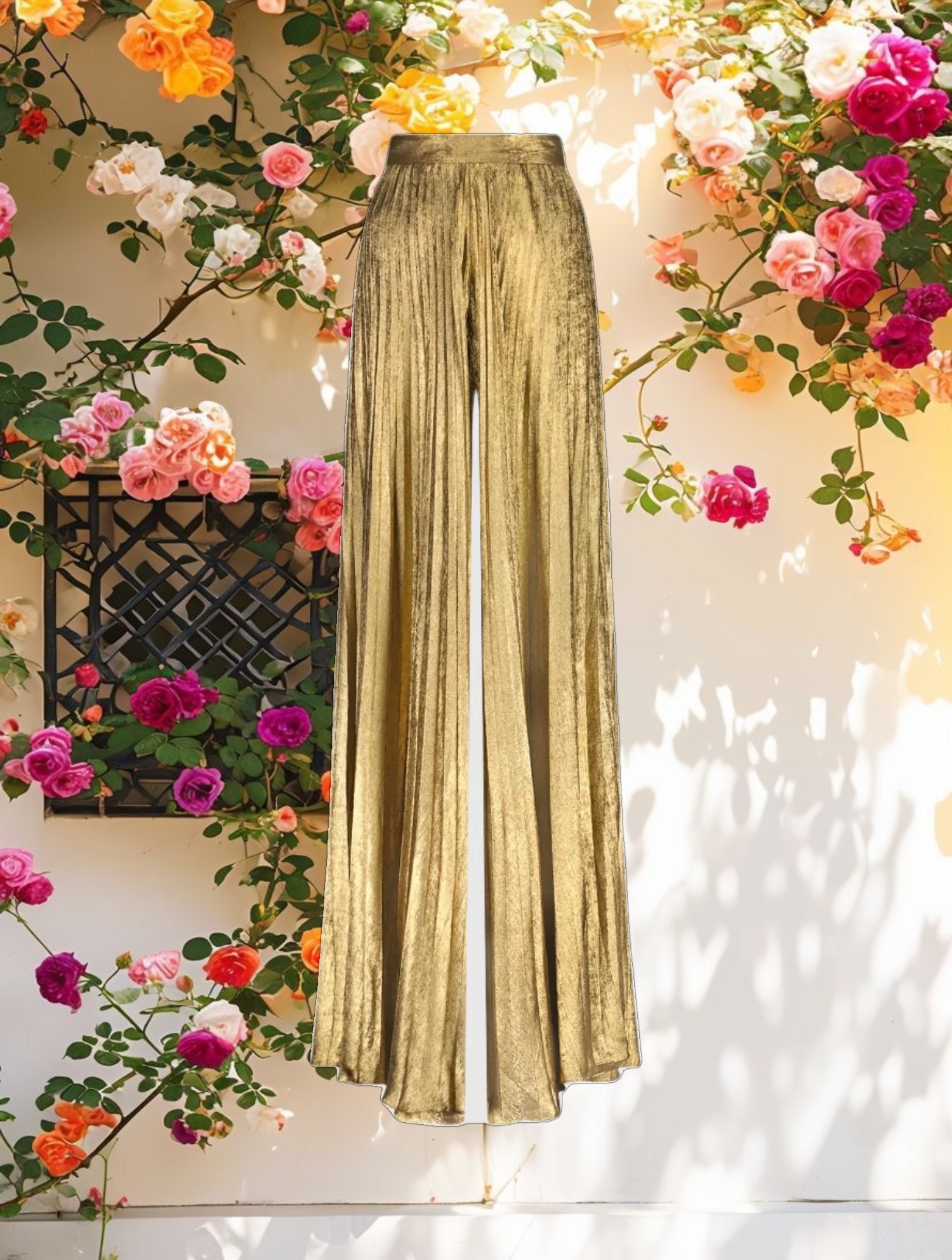 Metallic Lamé Pleated Wide Leg Pant