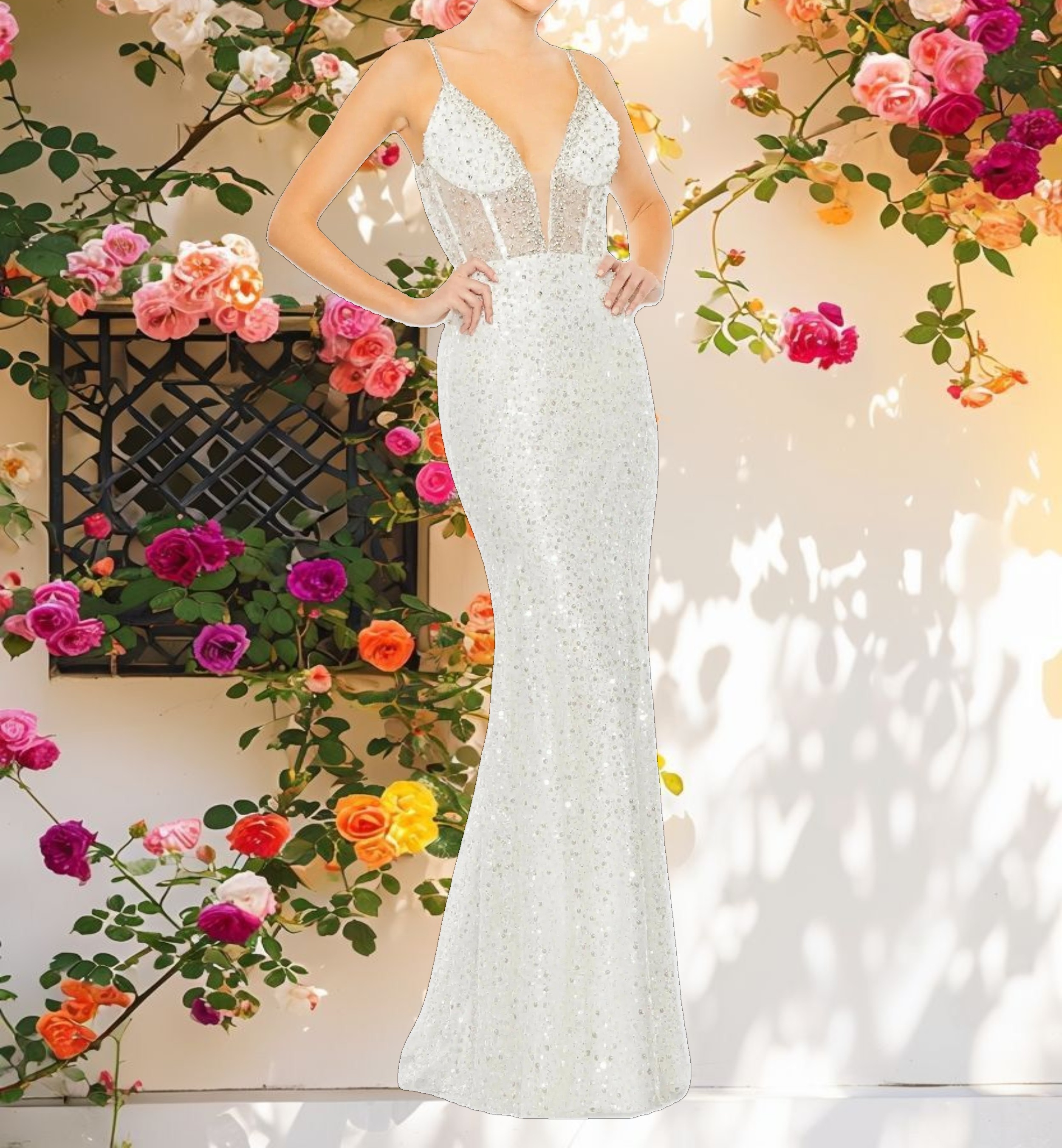 Stitched Embellished Deep Neck Strapless Gown