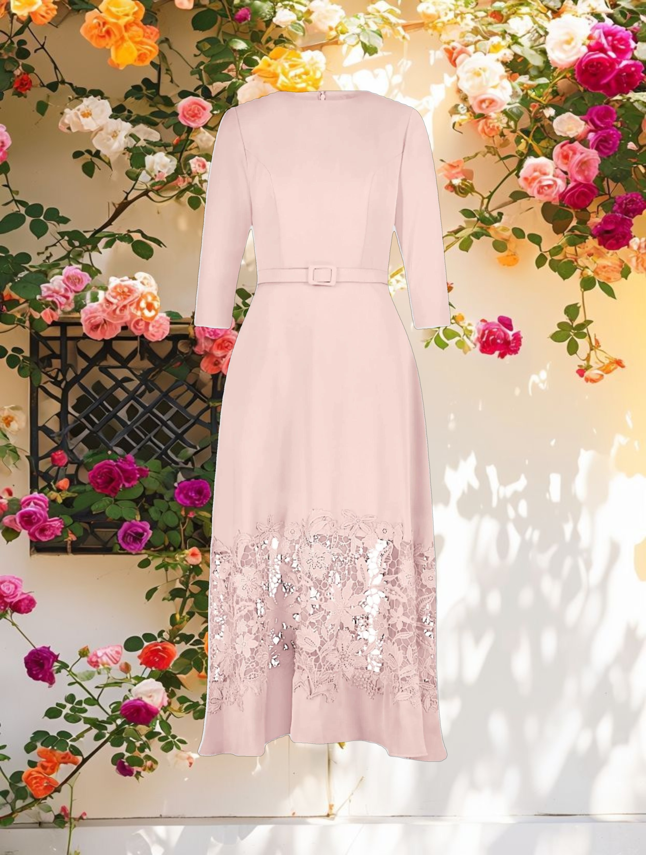 Pink Crepe Boat Neck Midi Dress With Applique Cut Out